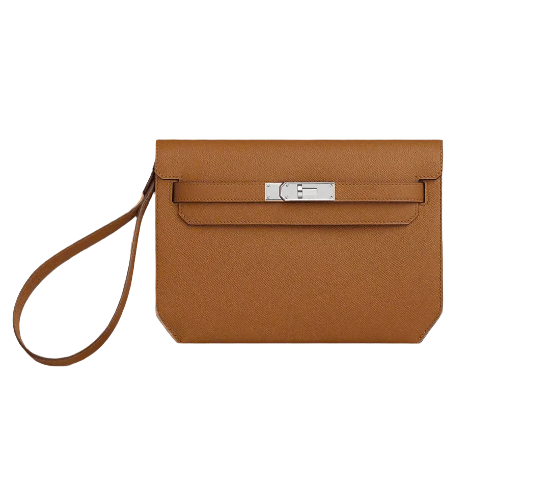 Front view of a handheld hermes depeches pouch in epsom leather and palladium hardware