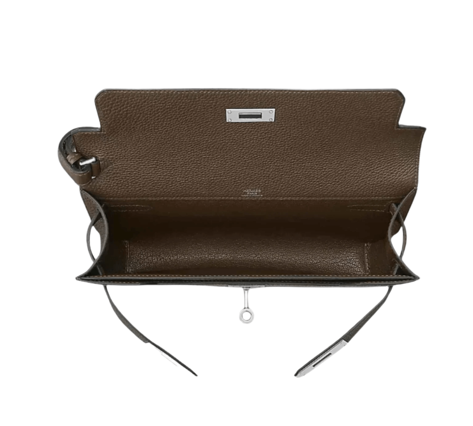 Interior view of Hermès Dépêches pouch showing leather lining and built-in business card pocket
