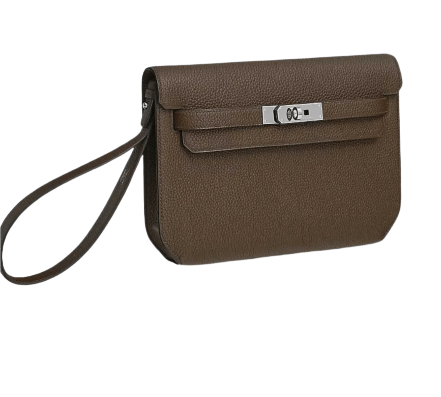 Side profile of Hermès Dépêches 25 in grained Togo leather showing slim depth and refined stitching detail
