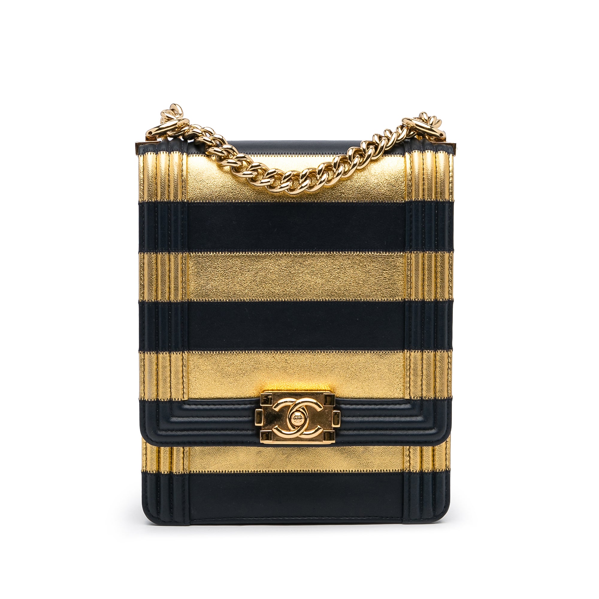 Chanel Paris New York Metallic Lambskin Striped North South Boy Flap - image 1