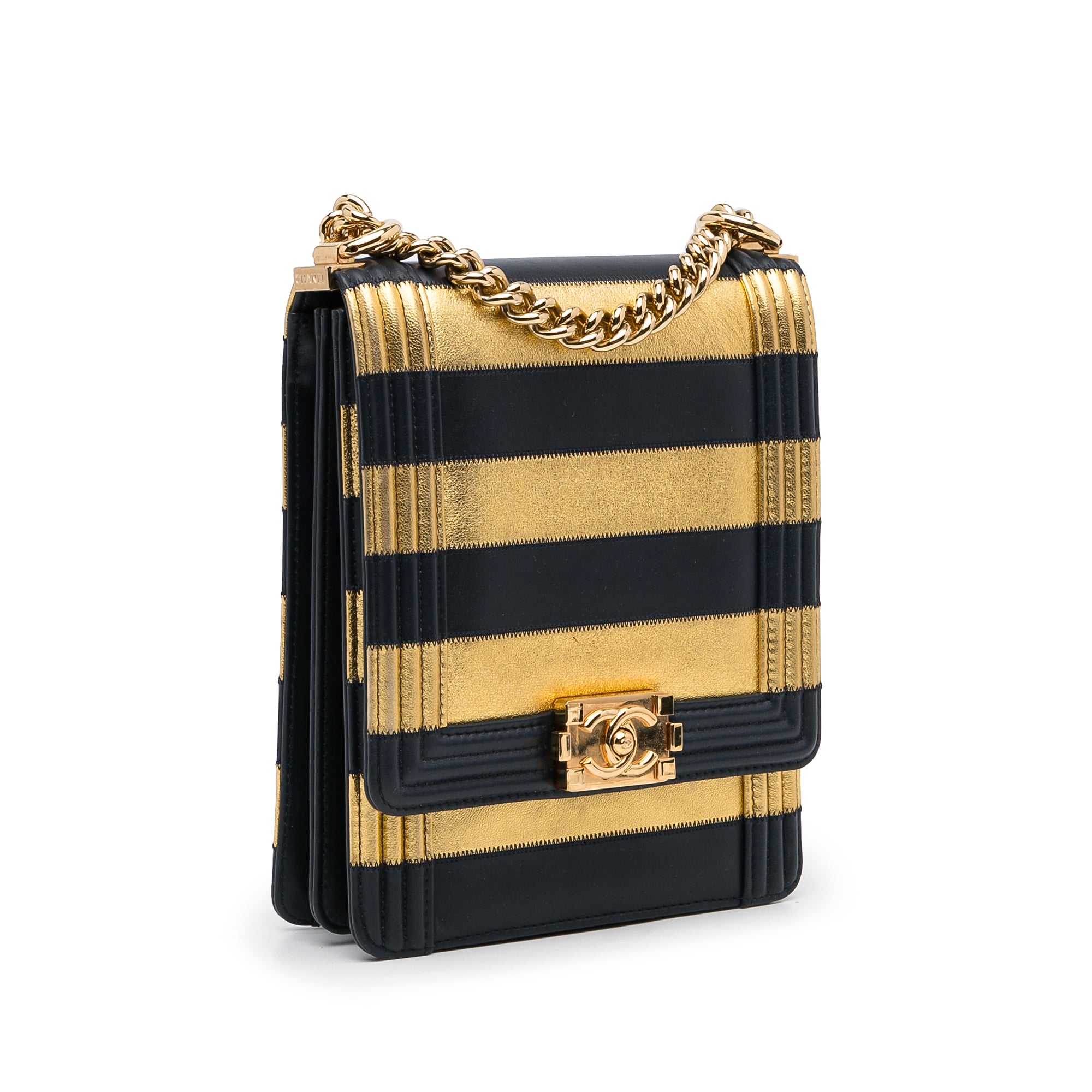Chanel Paris New York Metallic Lambskin Striped North South Boy Flap - image 2