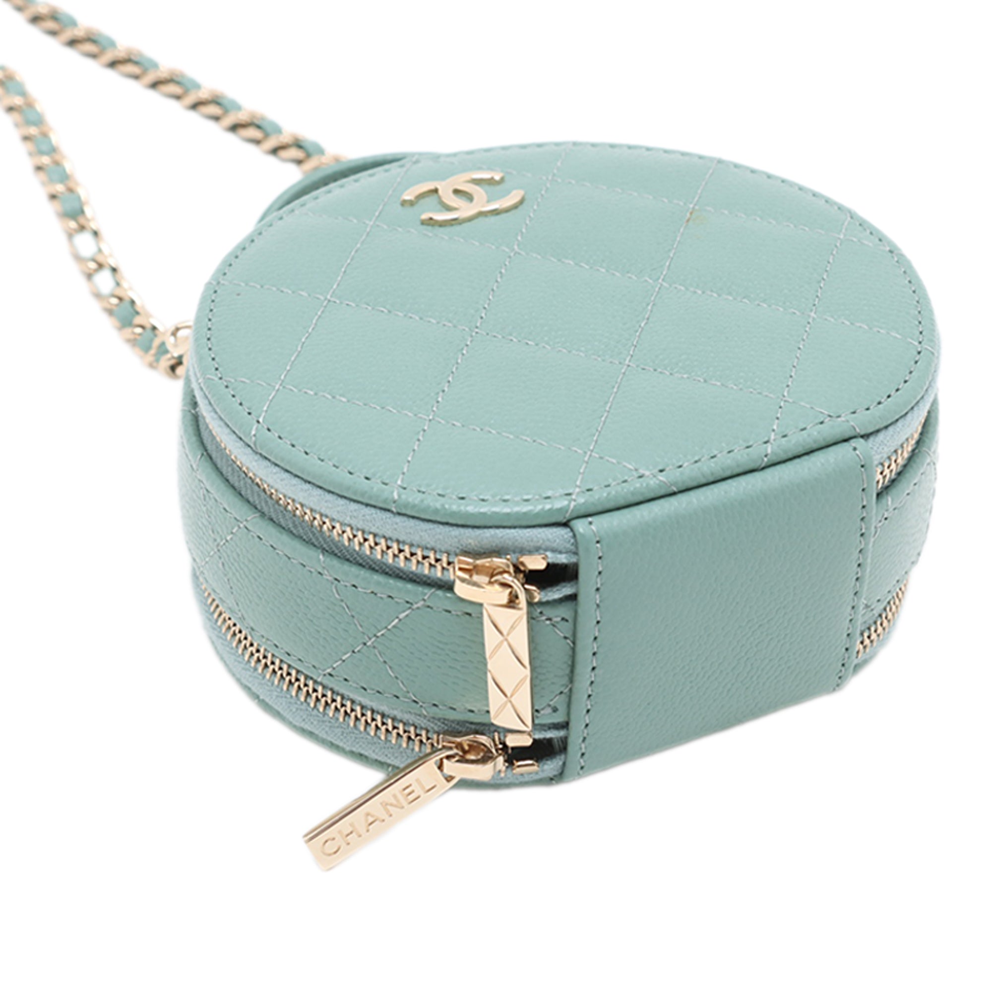 Chanel Quilted Caviar Handle With Care Round Vanity Case with Chain - image 3