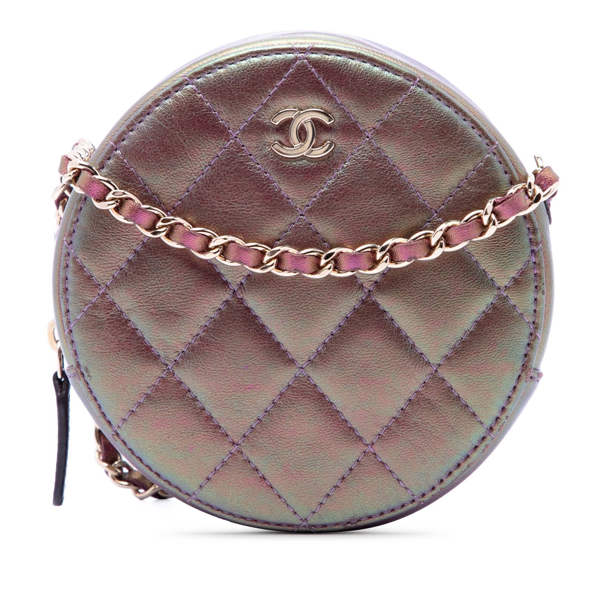 Chanel Quilted Iridescent Lambskin Round Clutch With Chain - image 1