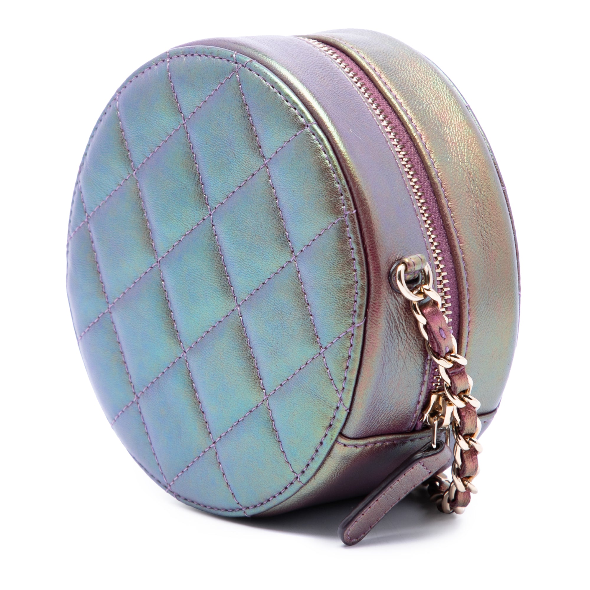 Chanel Quilted Iridescent Lambskin Round Clutch With Chain - image 2