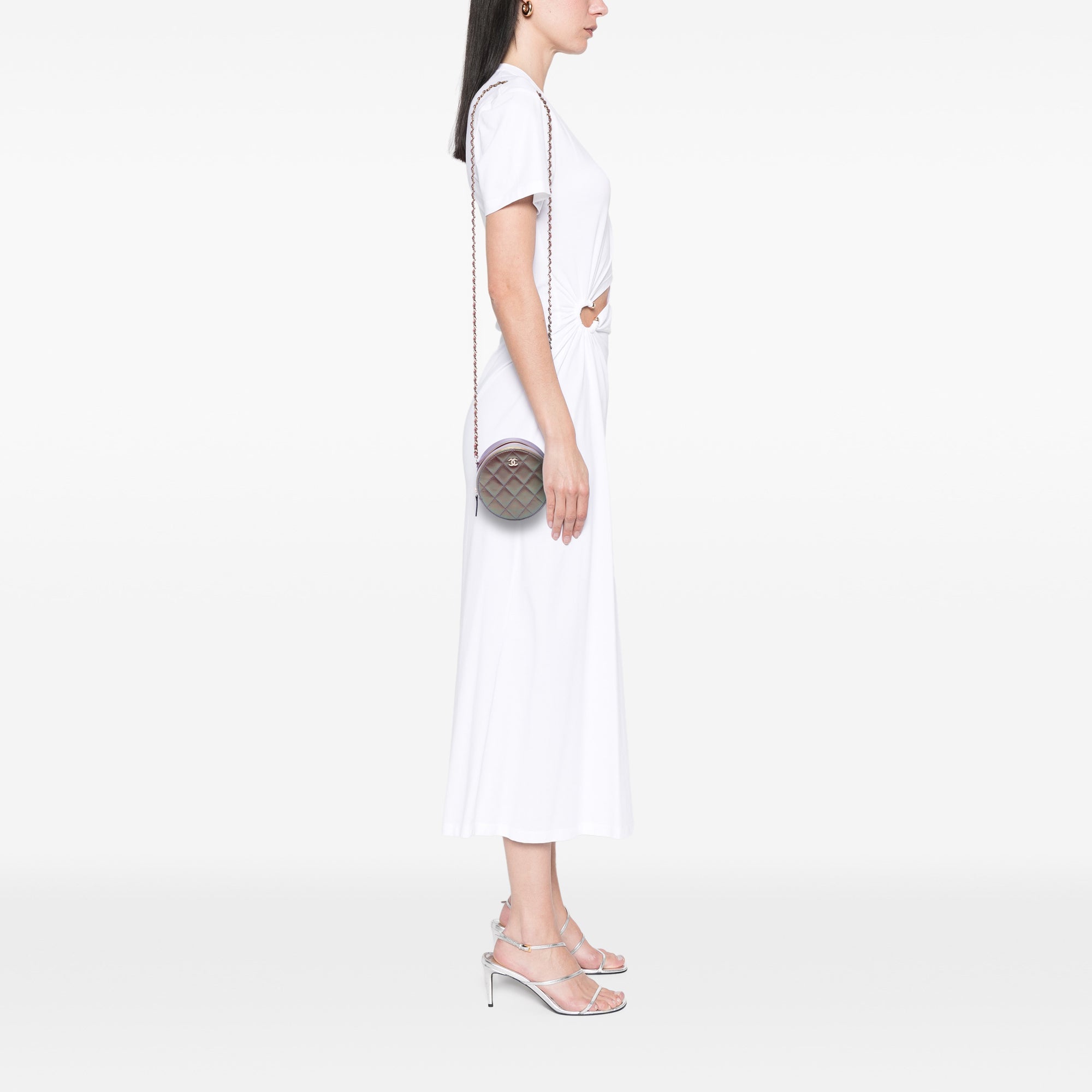 Chanel Quilted Iridescent Lambskin Round Clutch With Chain - image 6