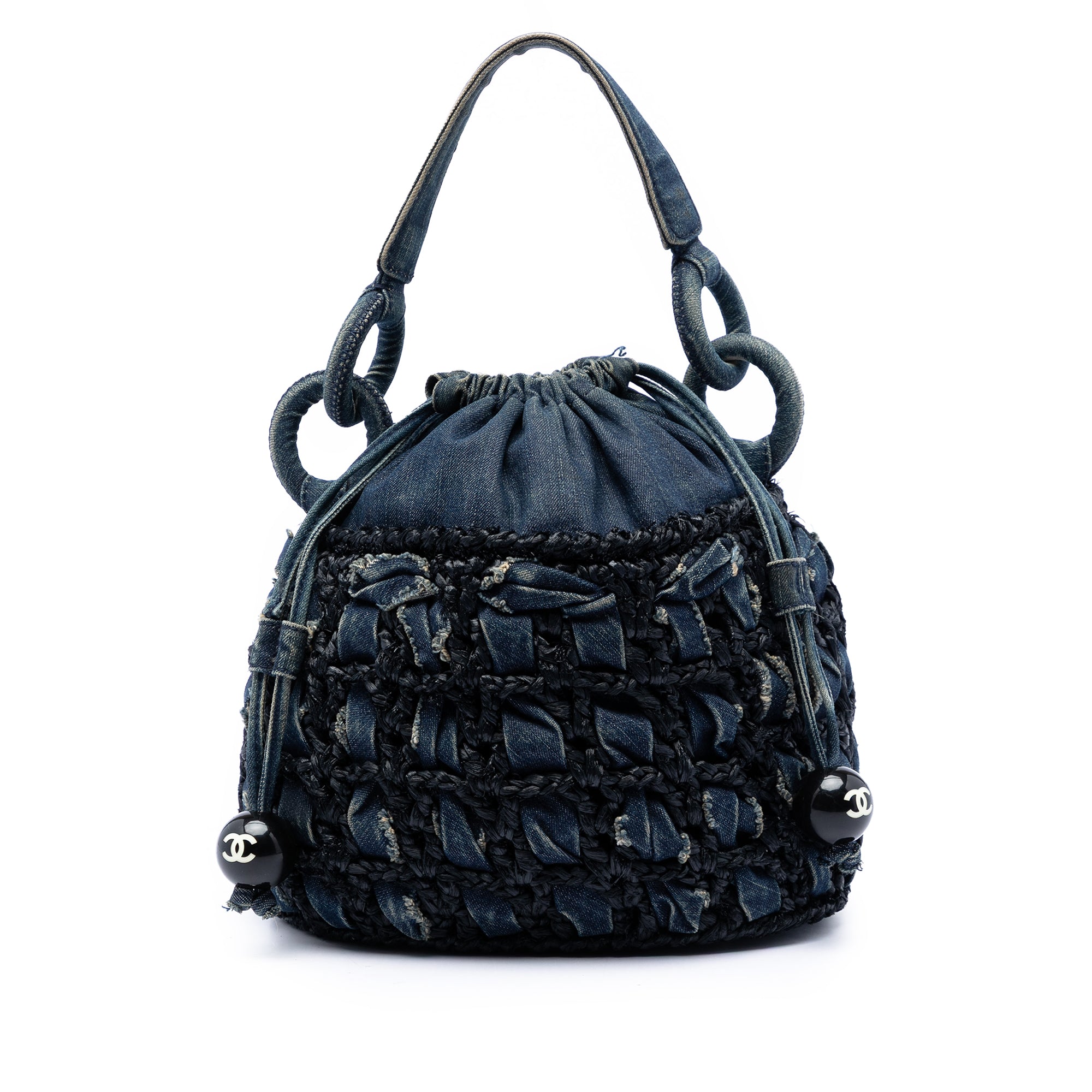Chanel CC Woven Denim and Raffia Drawstring Bucket Bag - image 1