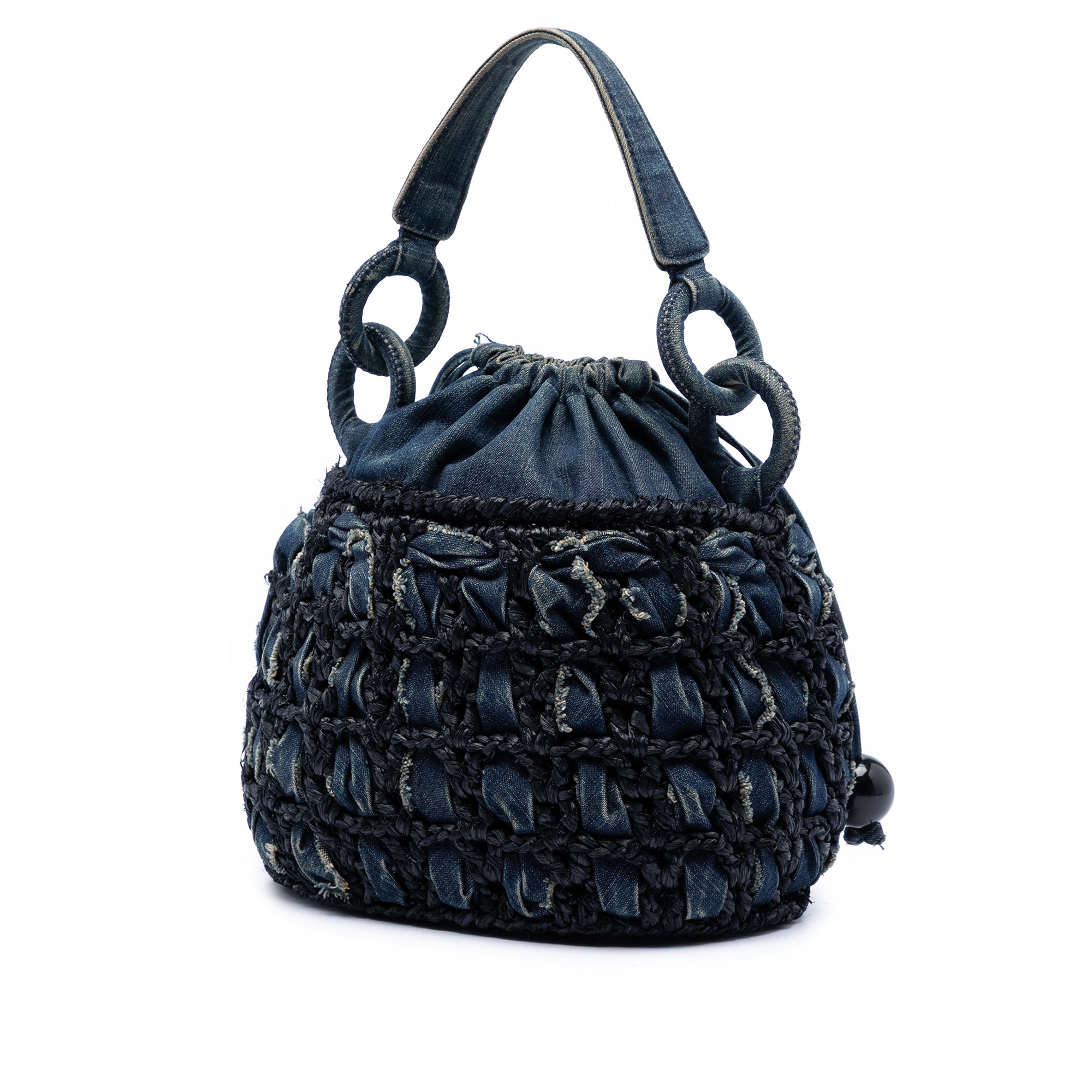 Chanel CC Woven Denim and Raffia Drawstring Bucket Bag - image 2