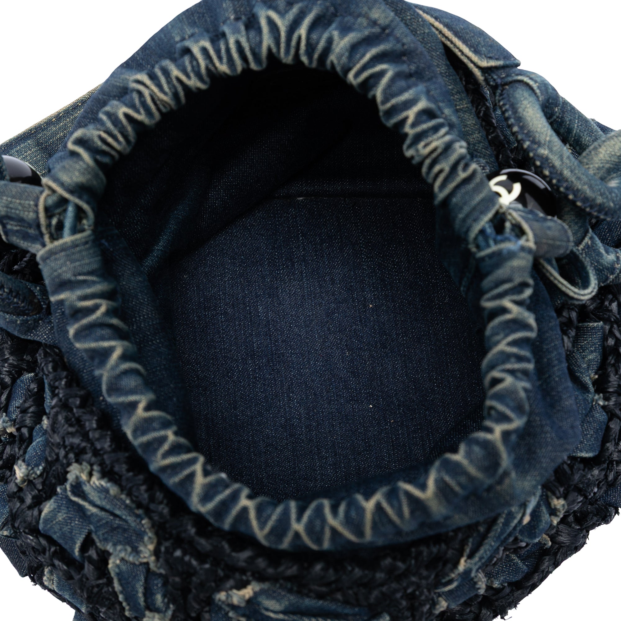 Chanel CC Woven Denim and Raffia Drawstring Bucket Bag - image 4