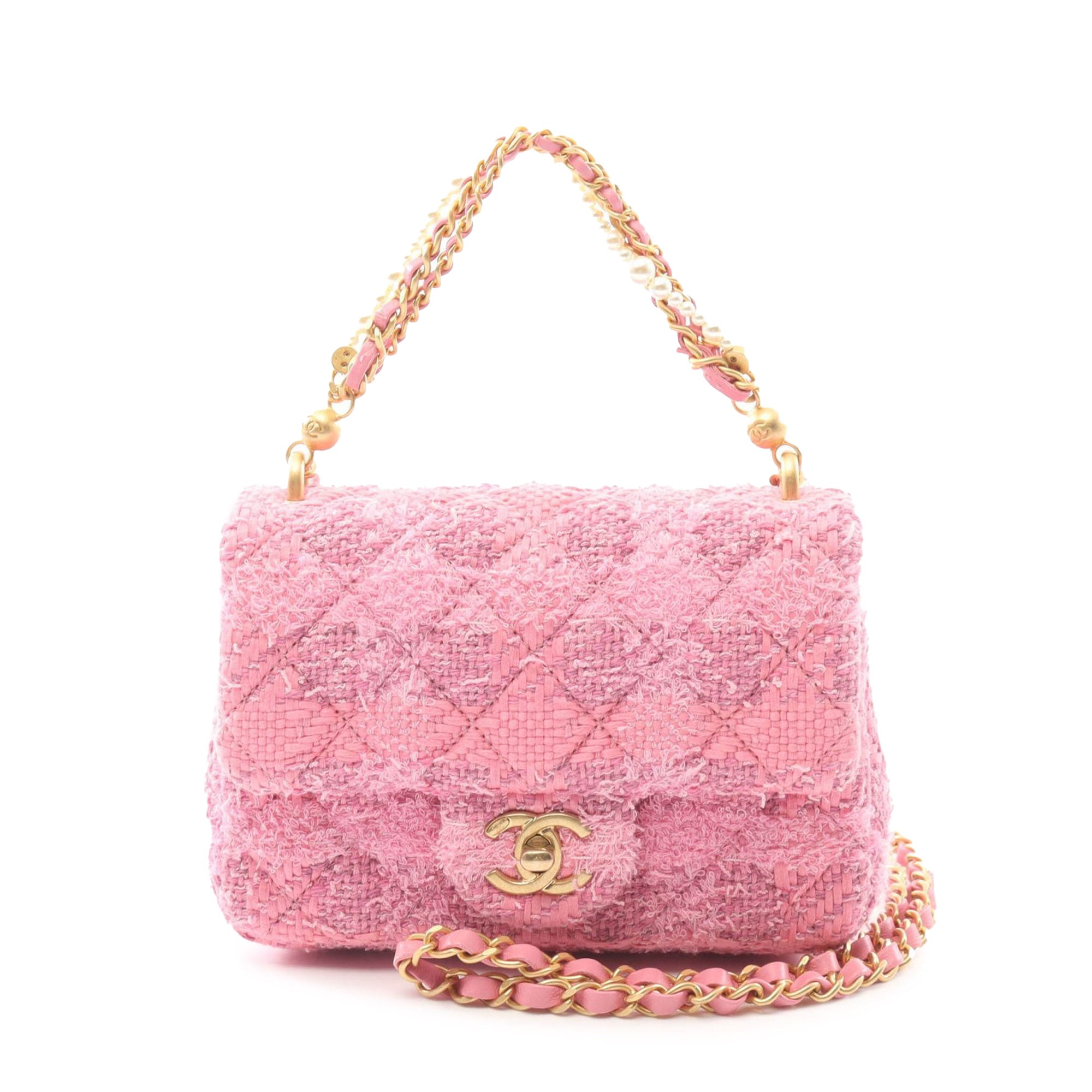 Chanel Mini Square Quilted Woven Tweed Pearl Twist Flap - image 1