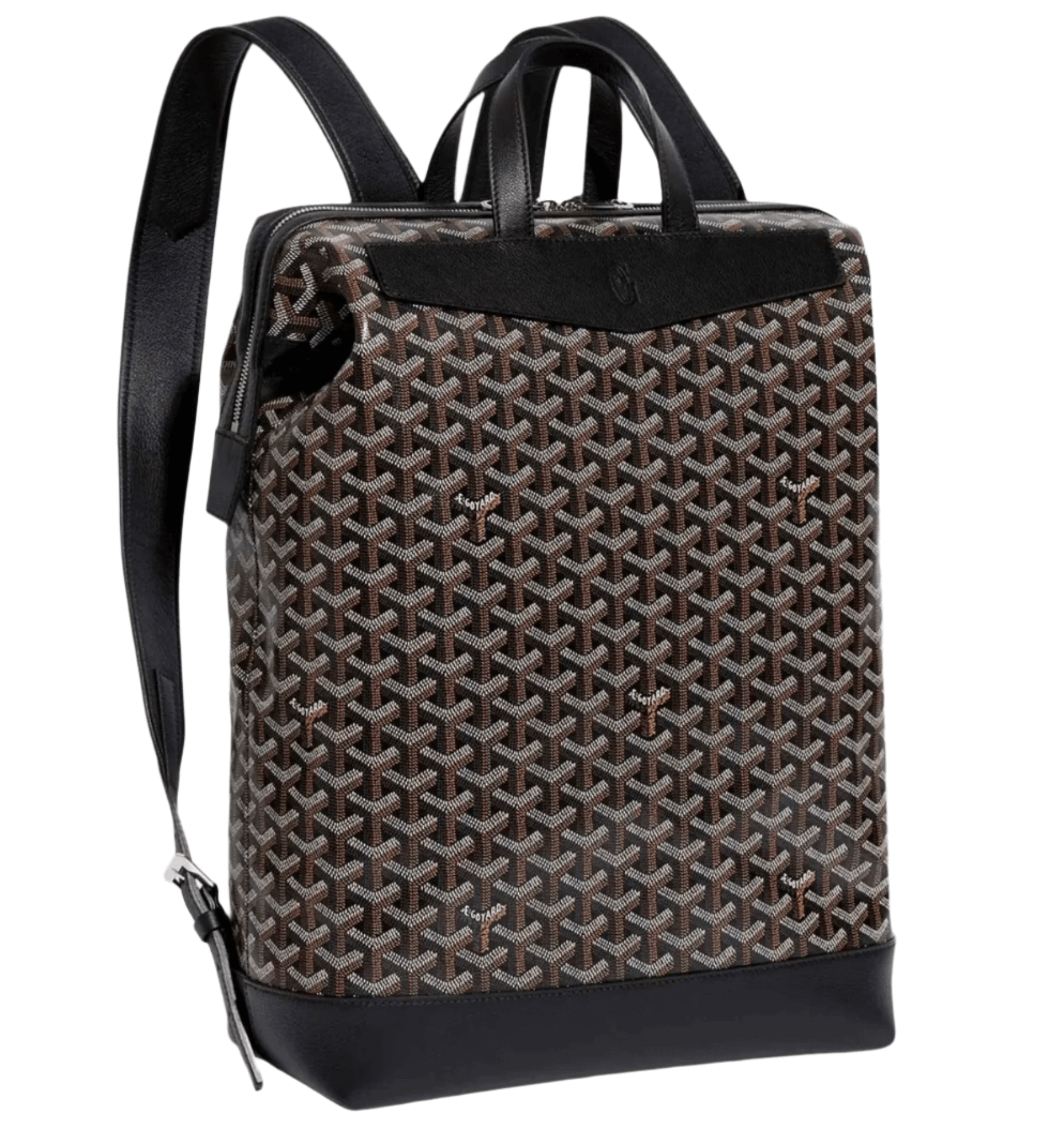 Goyard Cisalpin Backpack in signature Goyardine canvas with Chevroches calfskin trim, featuring double-zip closure, top handle, and adjustable padded straps