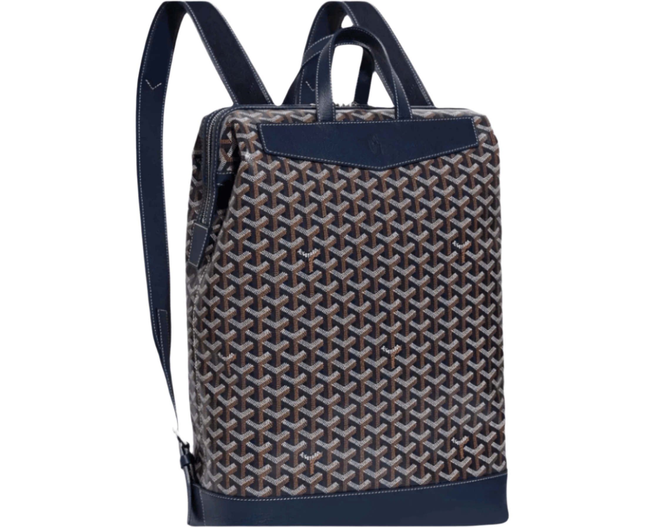 Goyard Cisalpin Backpack in signature Goyardine canvas with Chevroches calfskin trim, featuring double-zip closure, top handle, and adjustable padded straps