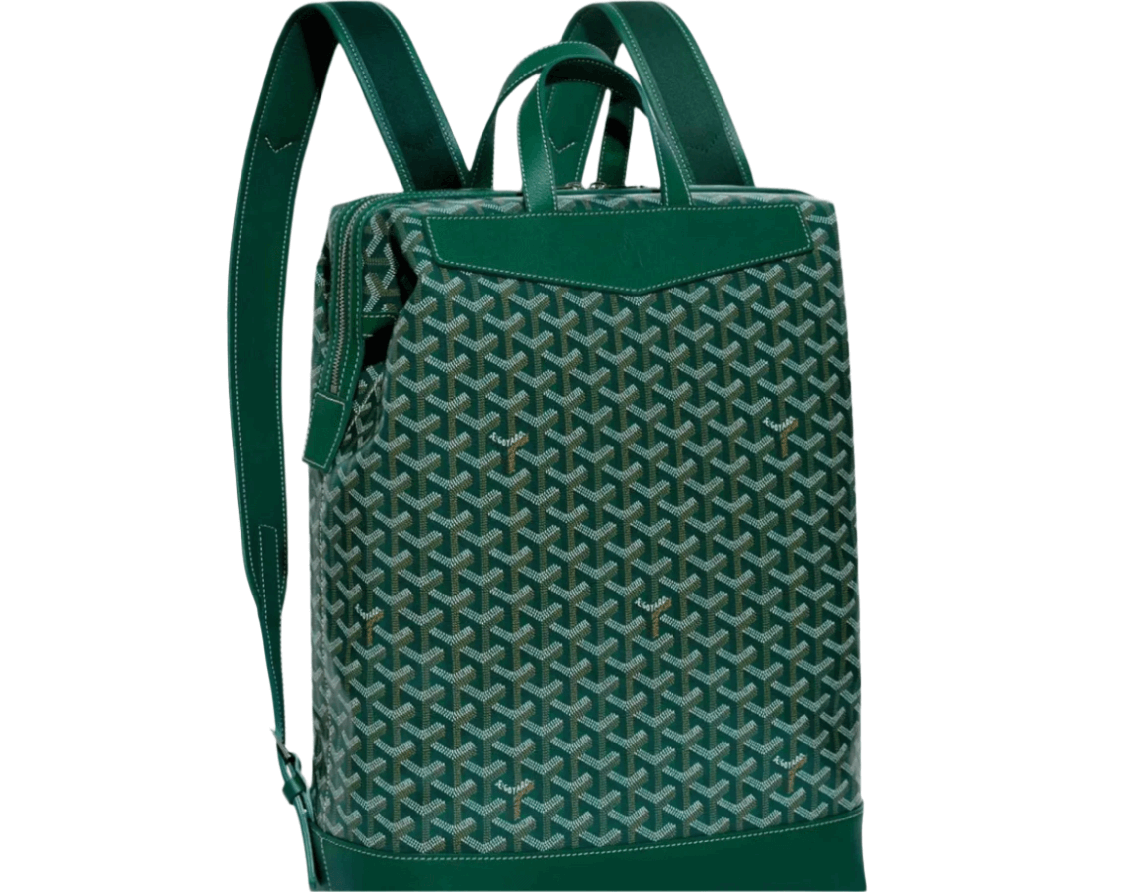 Goyard Cisalpin Backpack in signature Goyardine canvas with Chevroches calfskin trim, featuring double-zip closure, top handle, and adjustable padded straps