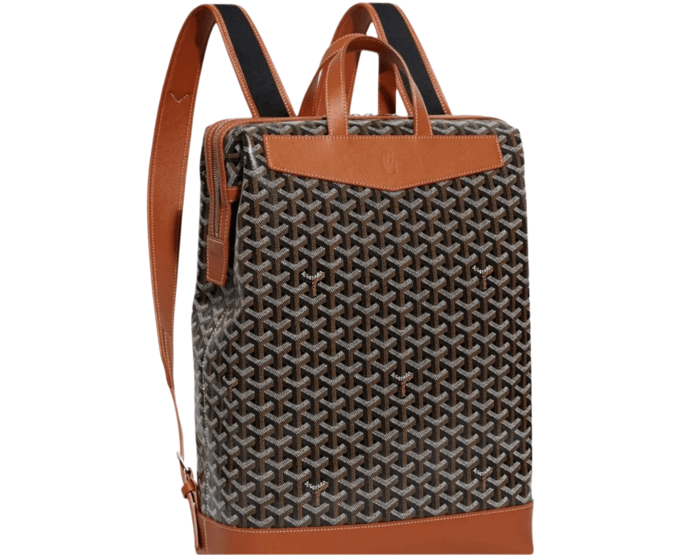 Goyard Cisalpin Backpack in signature Goyardine canvas with Chevroches calfskin trim, featuring double-zip closure, top handle, and adjustable padded straps