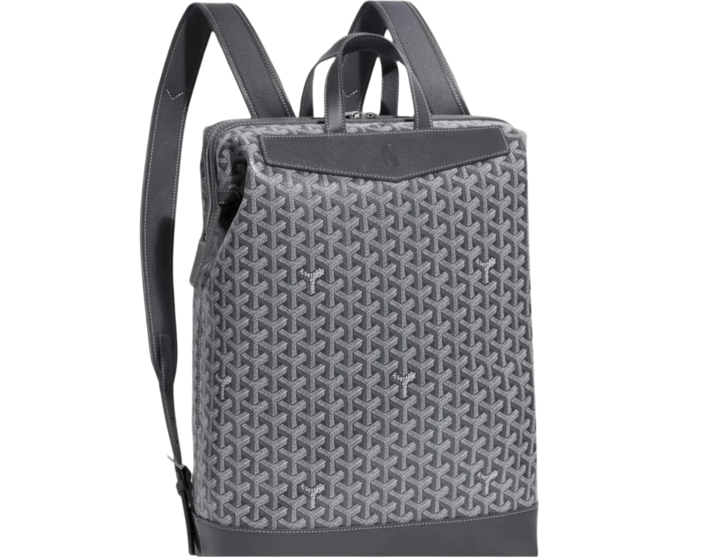 Goyard Cisalpin Backpack in signature Goyardine canvas with Chevroches calfskin trim, featuring double-zip closure, top handle, and adjustable padded straps