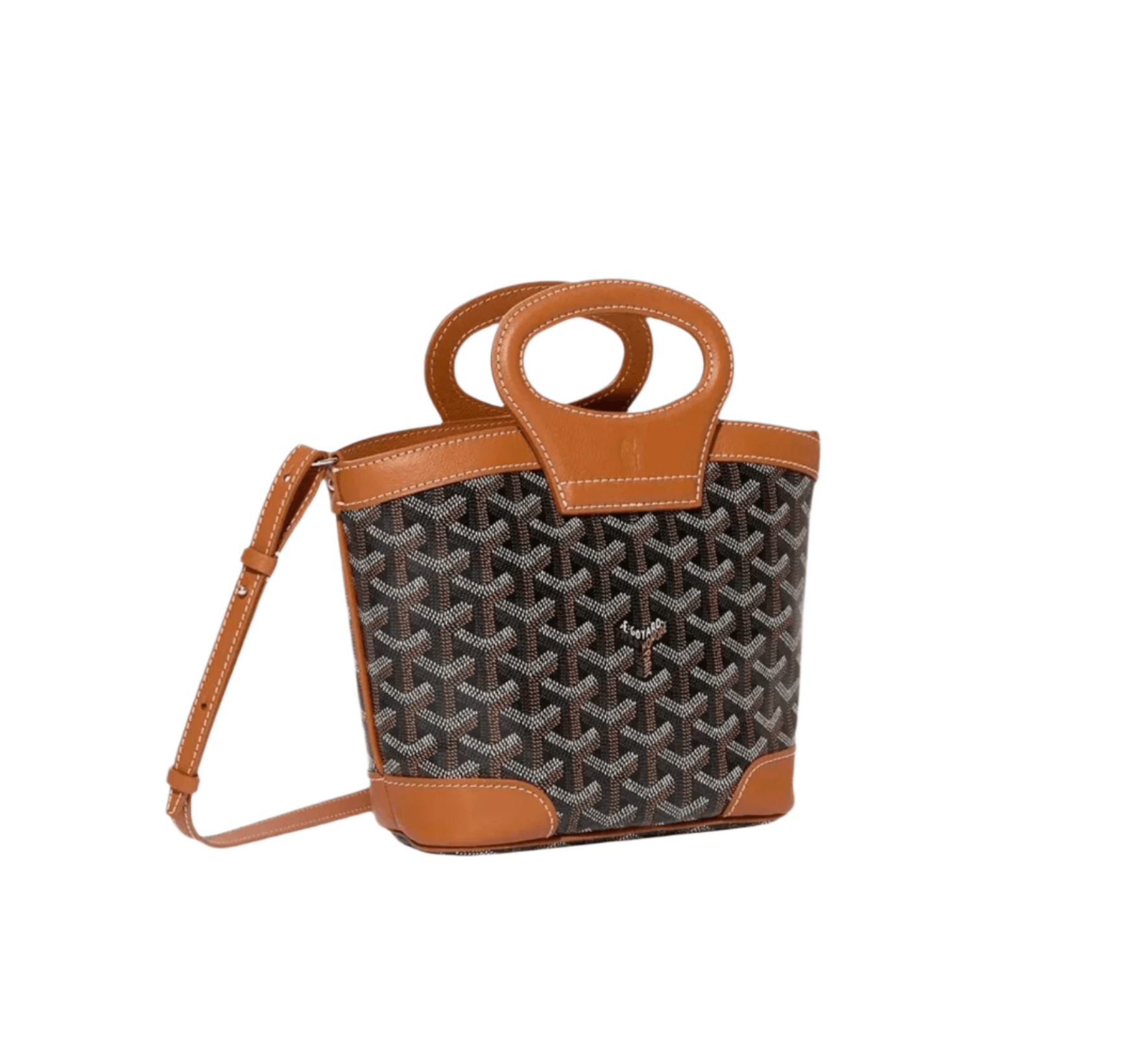 Goyard Beluga Mini Bag in signature Goyardine canvas with structured body, dual top handles, and natural cotton-linen drawstring pouch