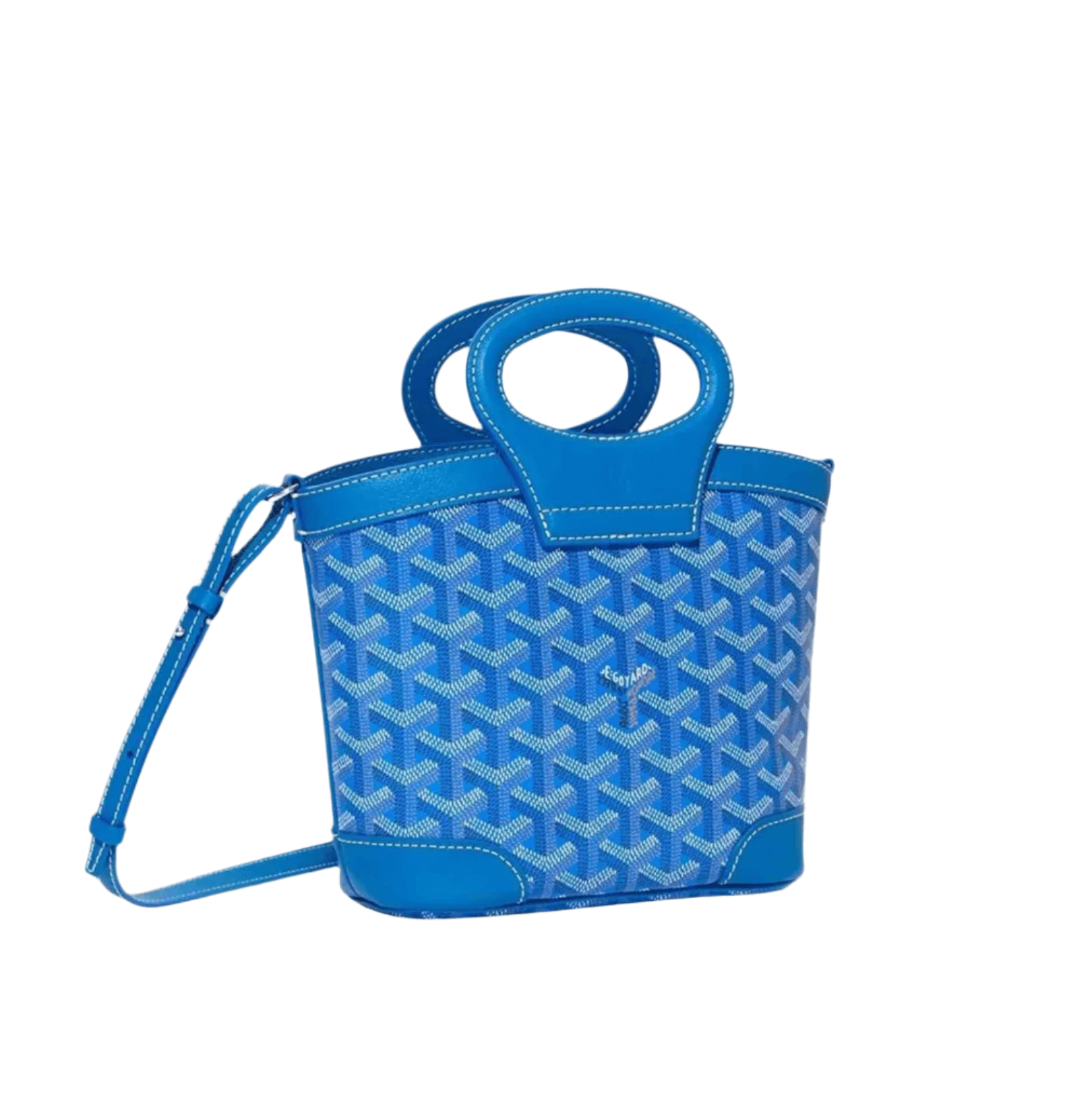 Goyard Beluga Mini Bag in blue Goyardine canvas with structured silhouette, dual leather top handles, and cotton-linen drawstring pouch