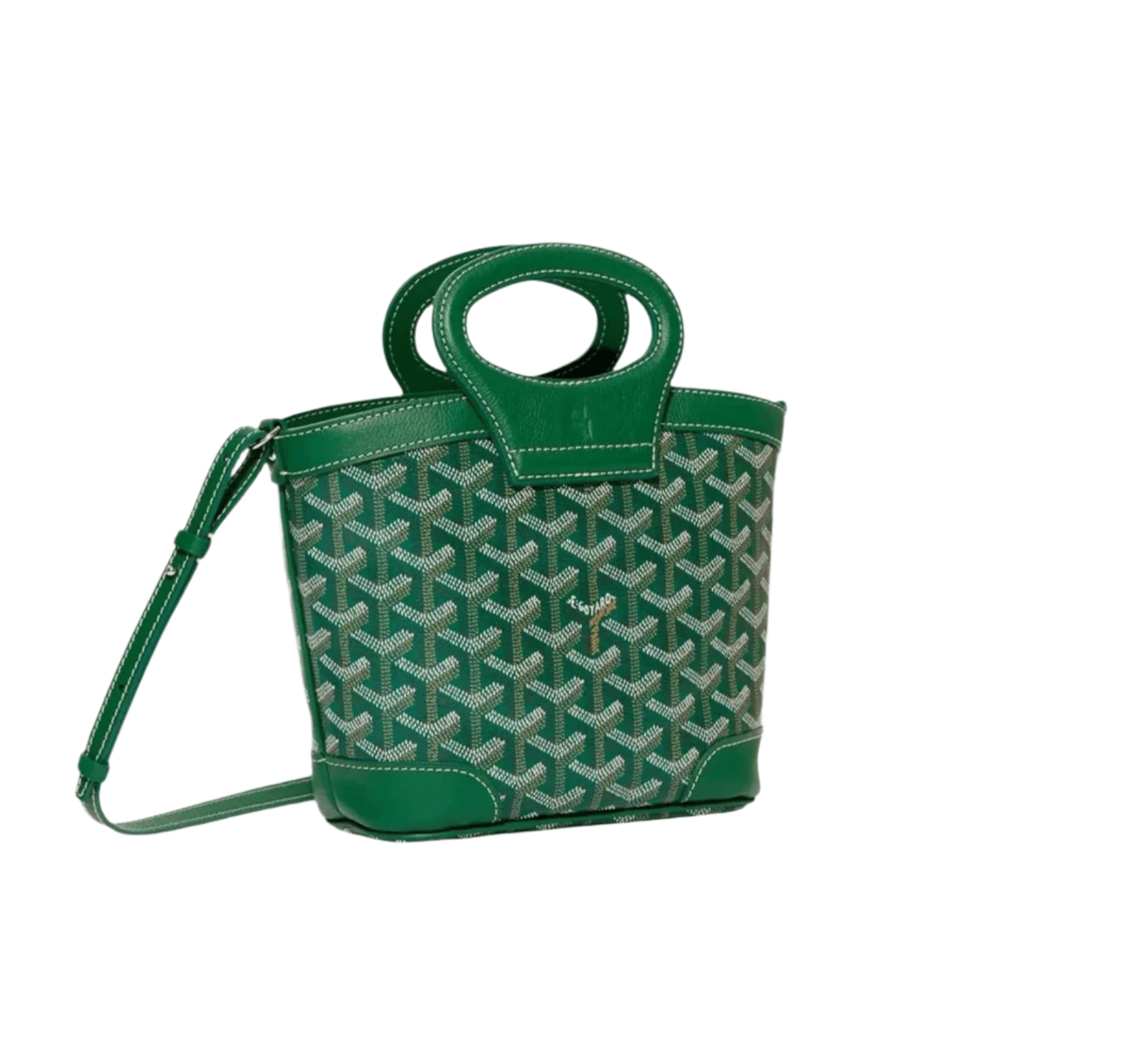Goyard Beluga Mini Bag in green Goyardine canvas with dual top handles, cotton-linen drawstring pouch, and structured silhouette
