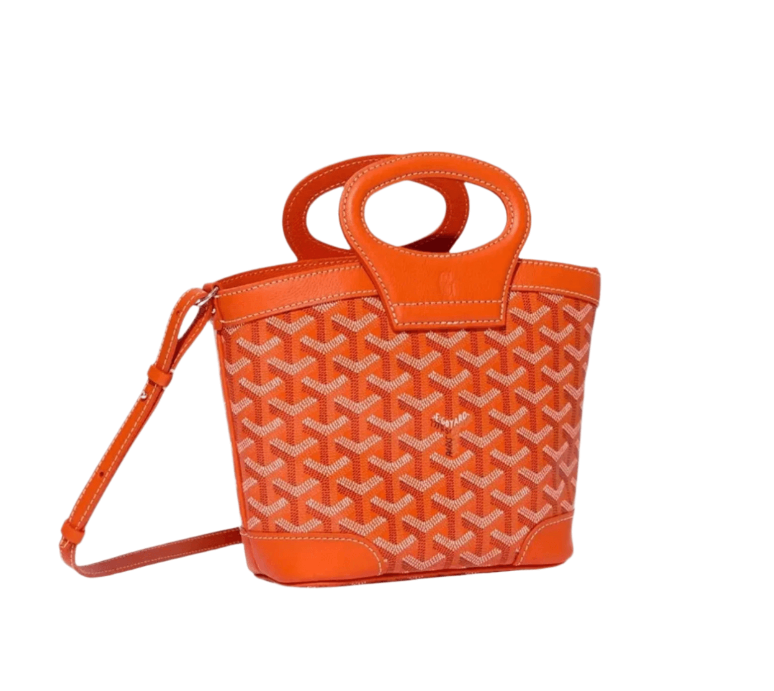 Goyard Beluga Mini Bag in orange Goyardine canvas with structured body, dual leather top handles, and cotton-linen drawstring pouch
