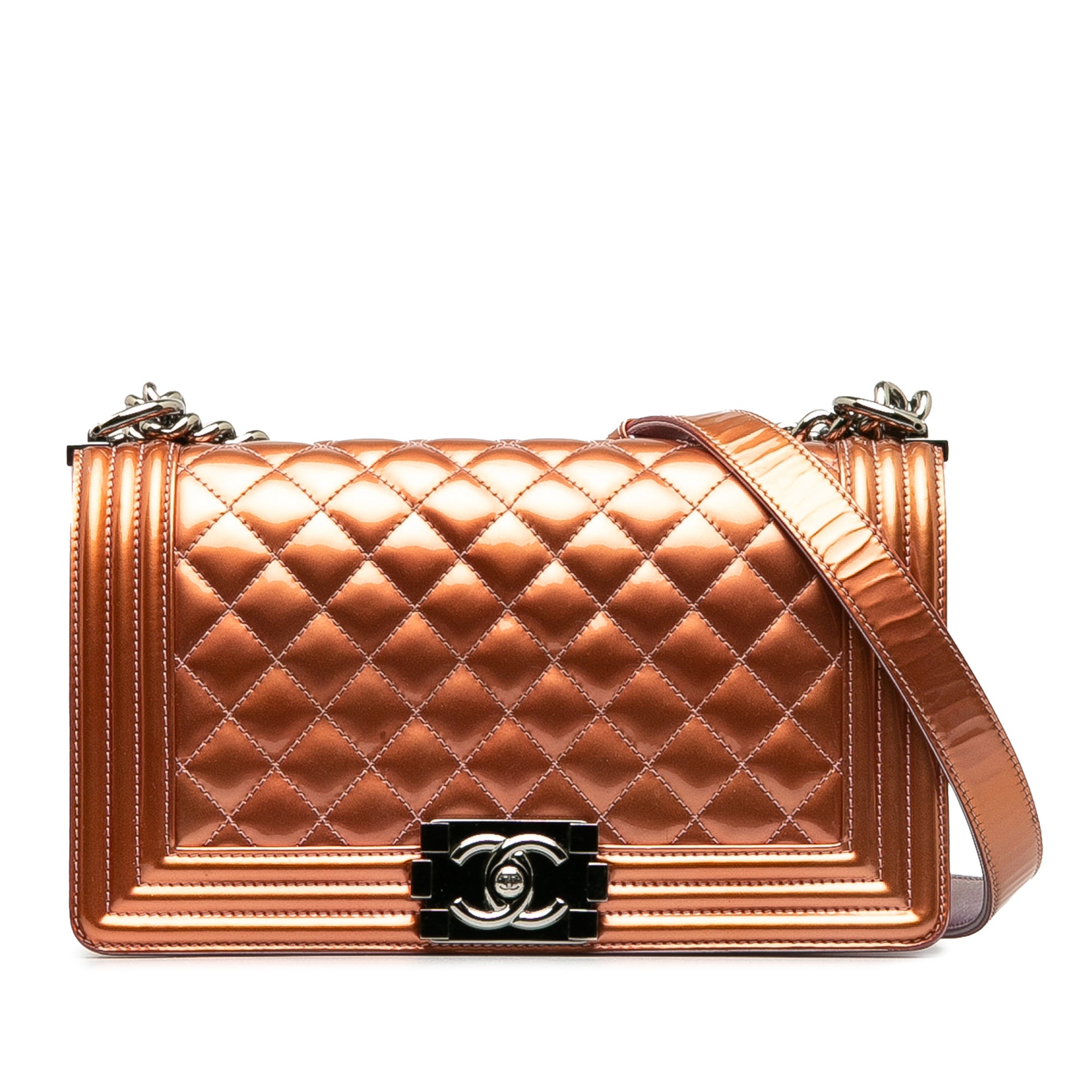Chanel Old Medium Quilted Metallic Patent Boy Flap - image 1