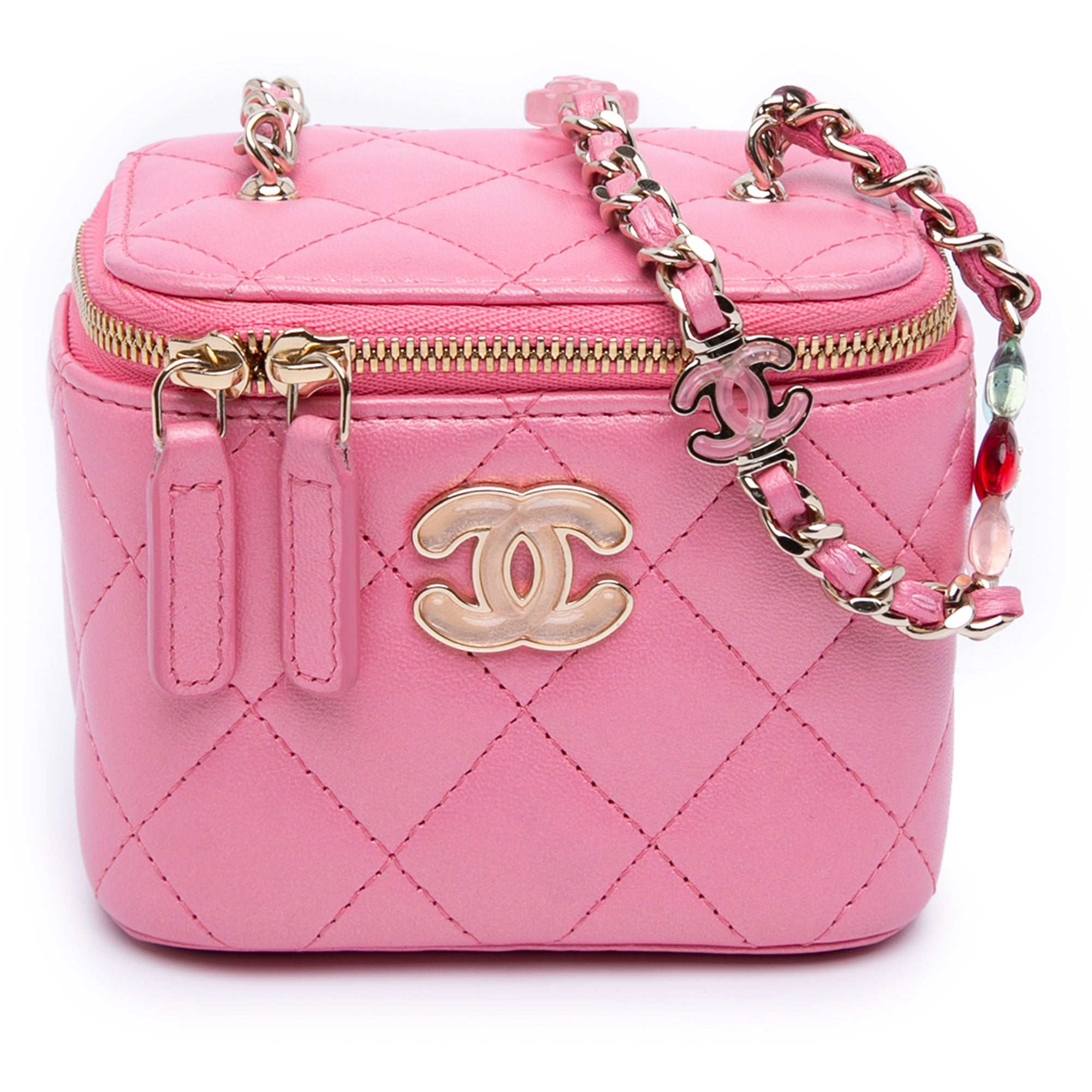 Chanel Mini CC Quilted Lambskin Beaded Heart Charms Chain Vanity Case - image 1