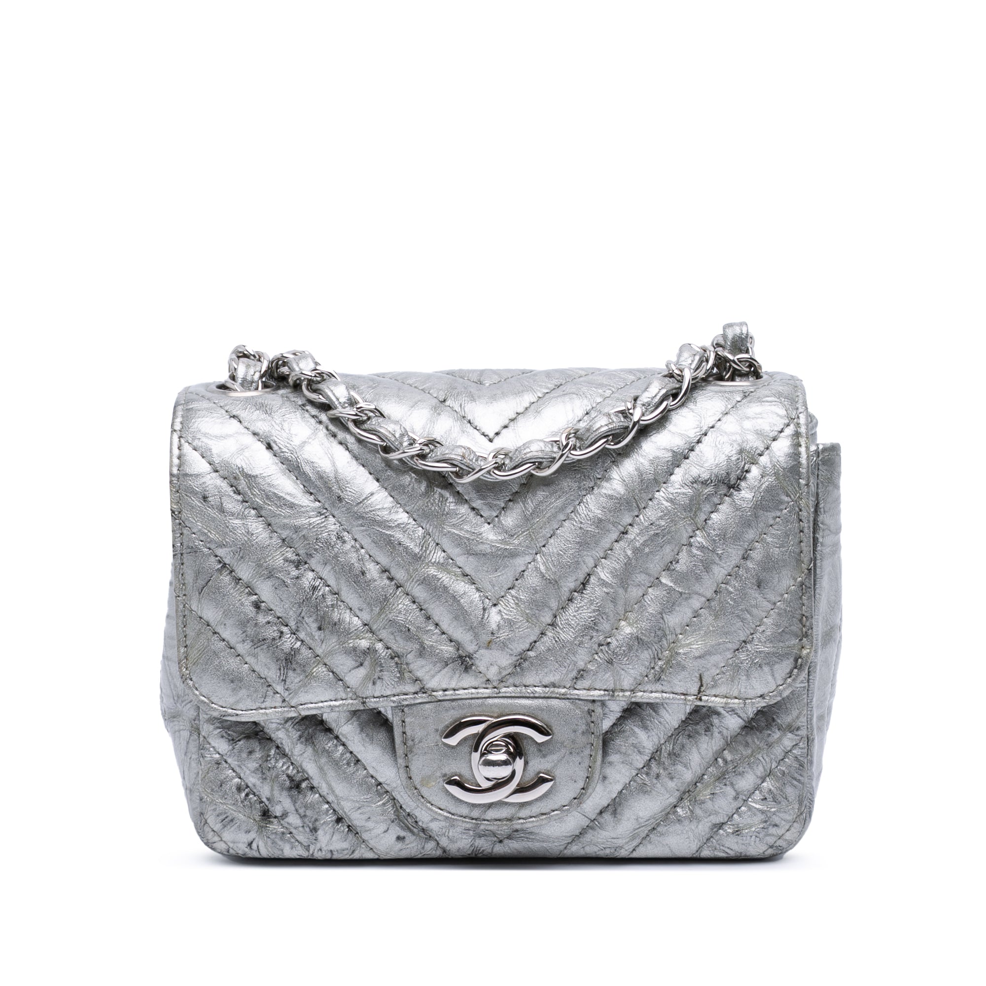 Chanel Mini Square Classic Chevron Metallic Crumpled Patent Single Flap - image 1