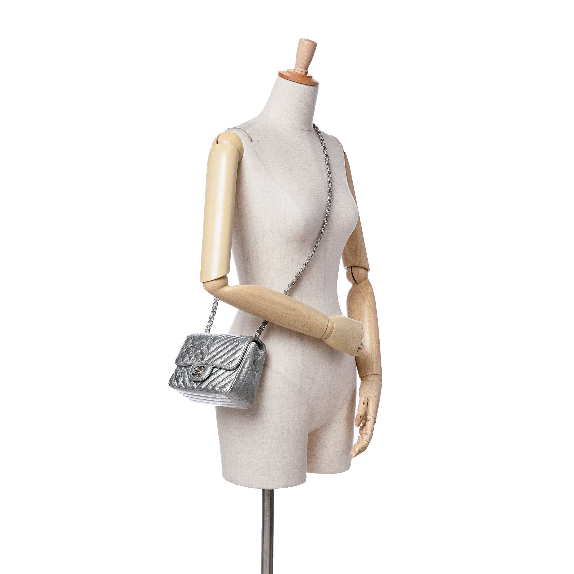 Chanel Mini Square Classic Chevron Metallic Crumpled Patent Single Flap - image 10