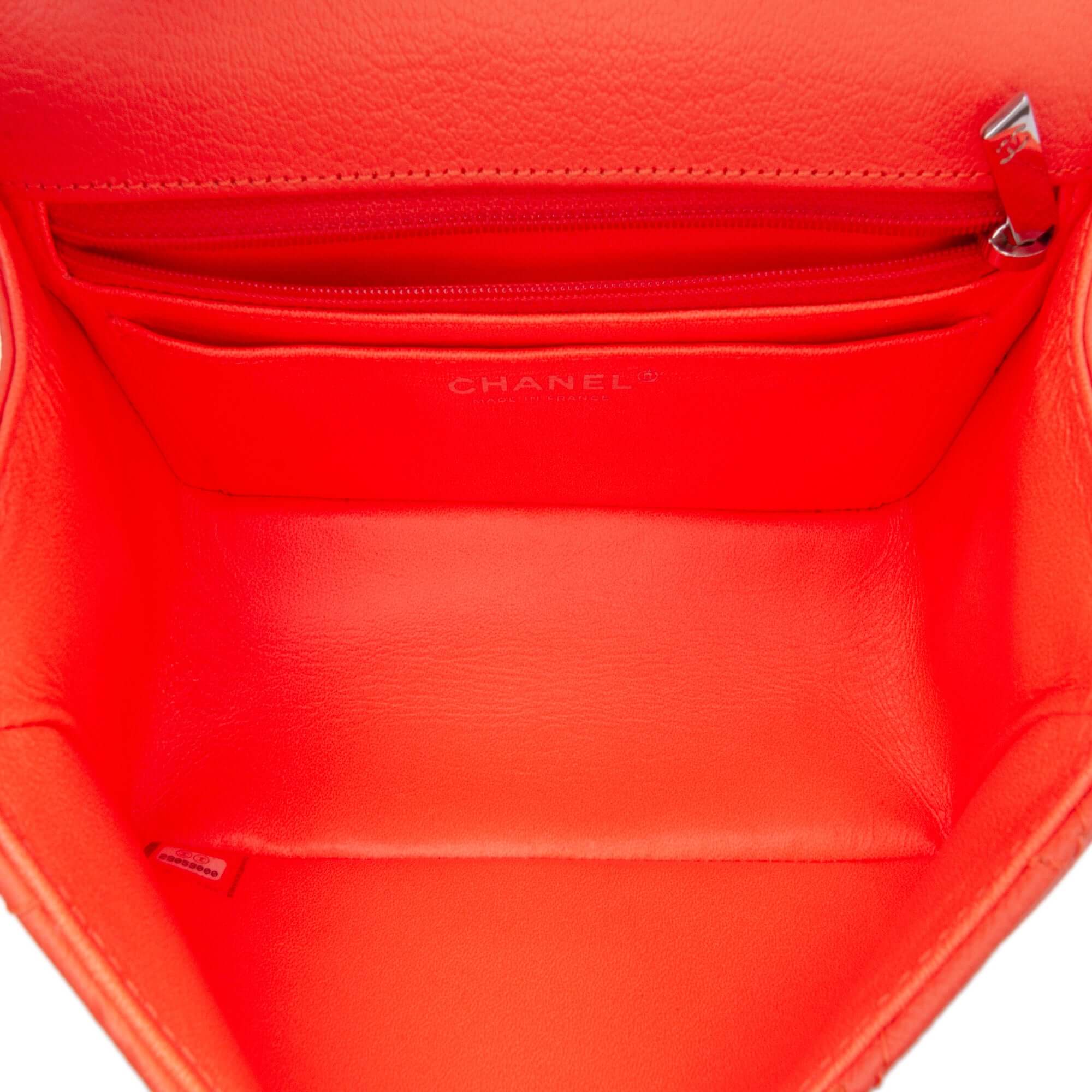 Chanel Mini Flap Orange Quilted Goatskin with Silver Hardware – 2019
