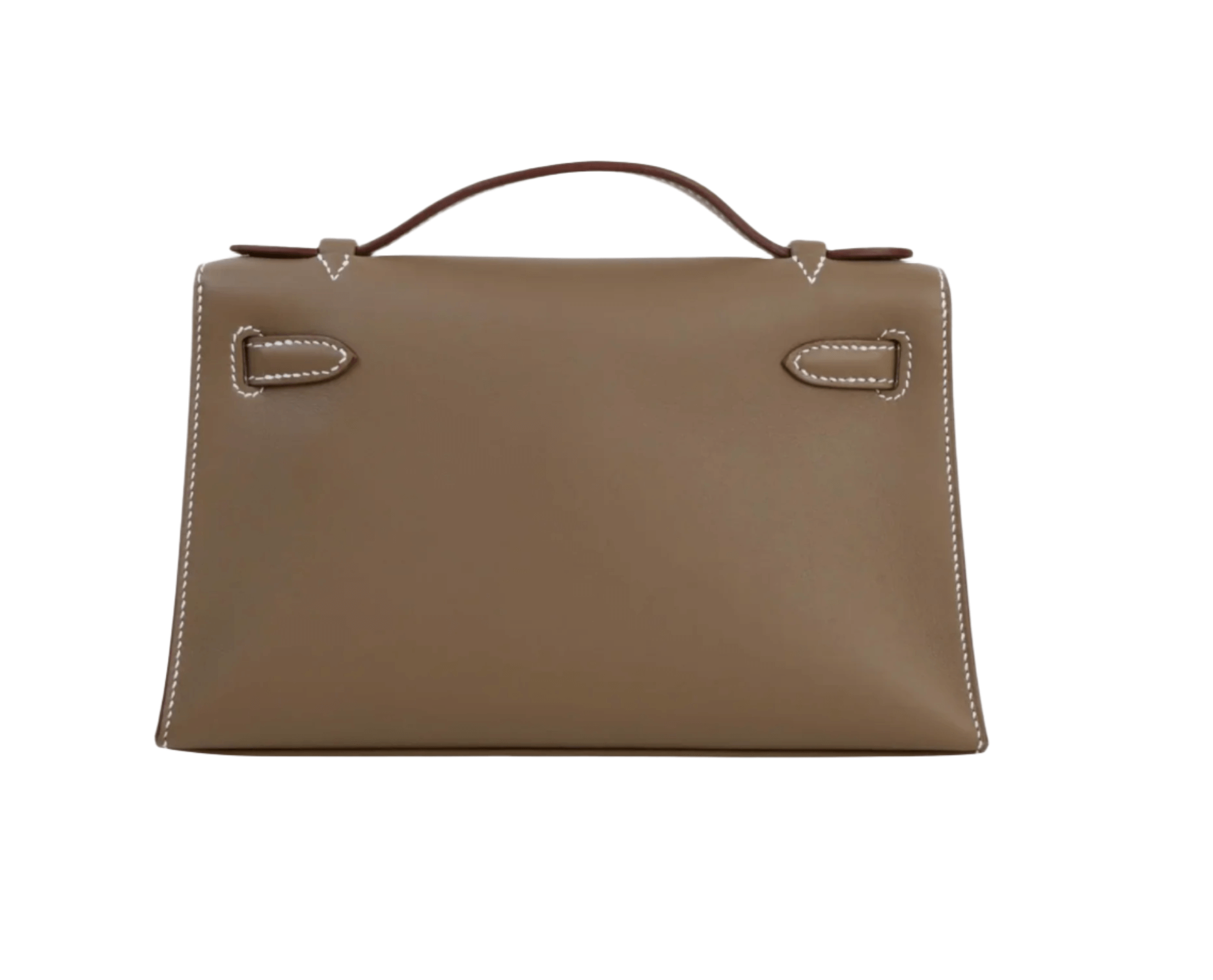Hermès Kelly Pochette in Etoupe Swift leather with gold hardware and iconic top handle in compact clutch silhouette
