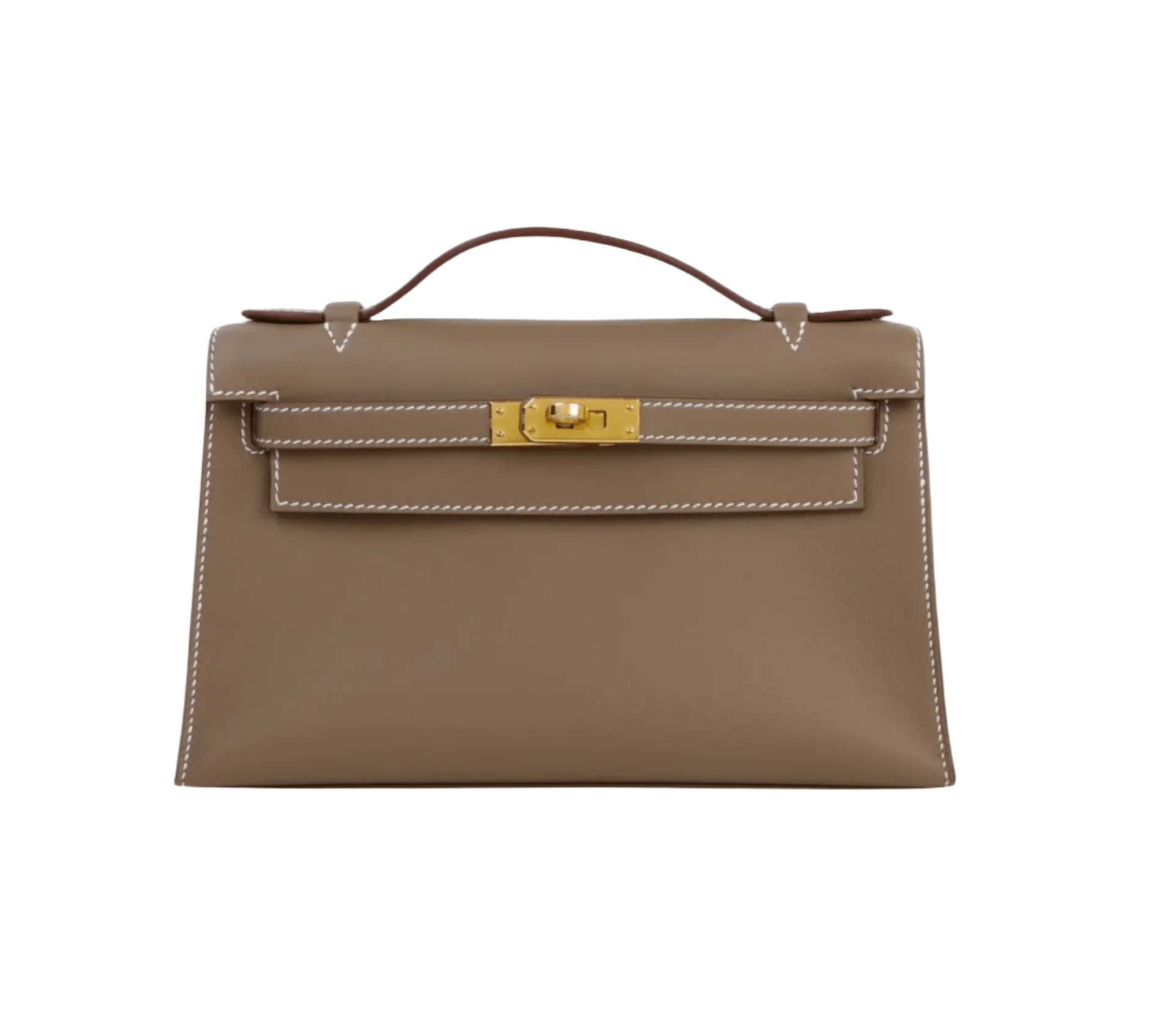 Hermès Kelly Pochette in Etoupe Swift leather with gold hardware and iconic top handle in compact clutch silhouette
