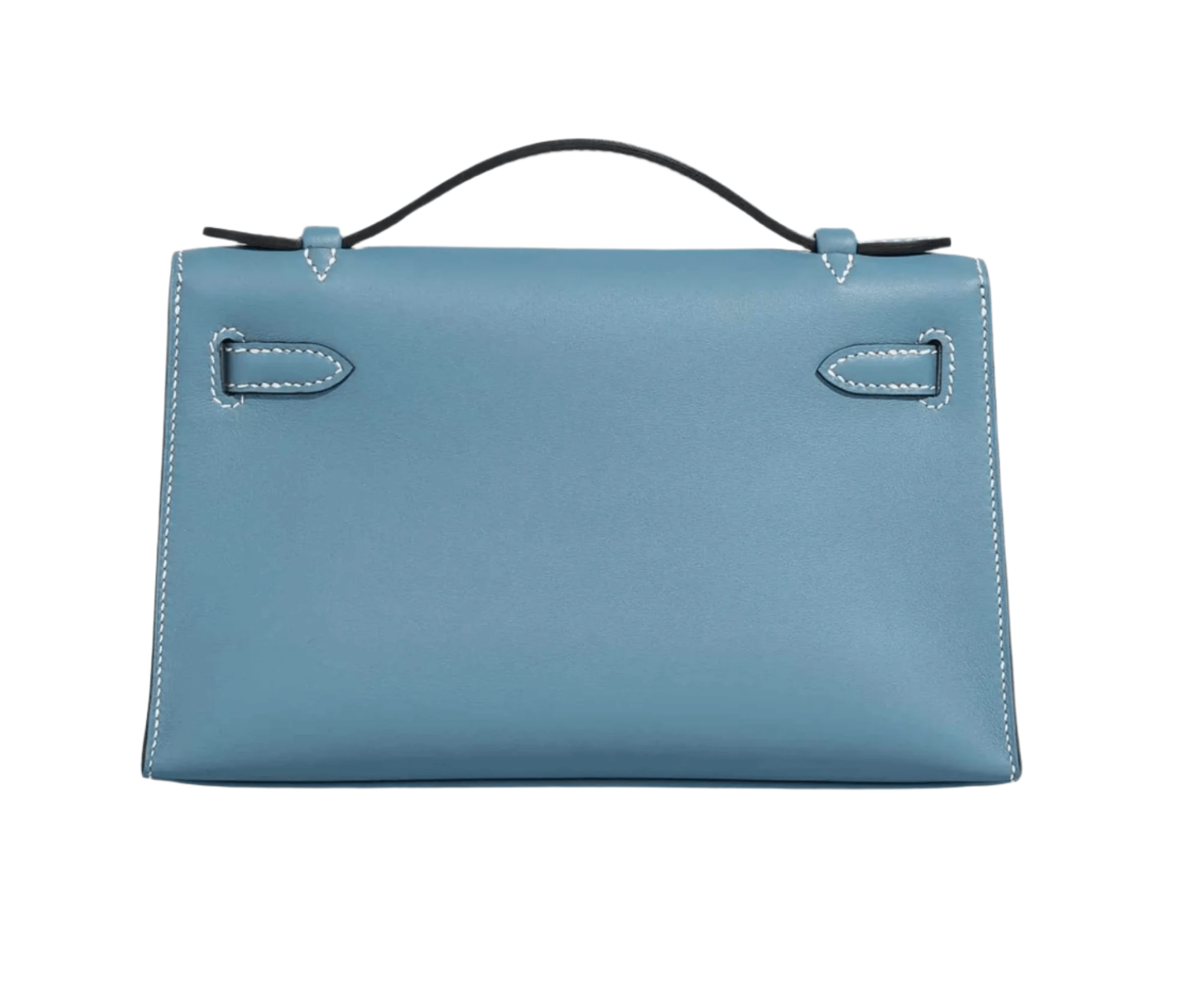 Hermès Kelly Pochette in Bleu Jeans Swift leather with gold hardware, featuring top handle and signature Kelly turn-lock closure
