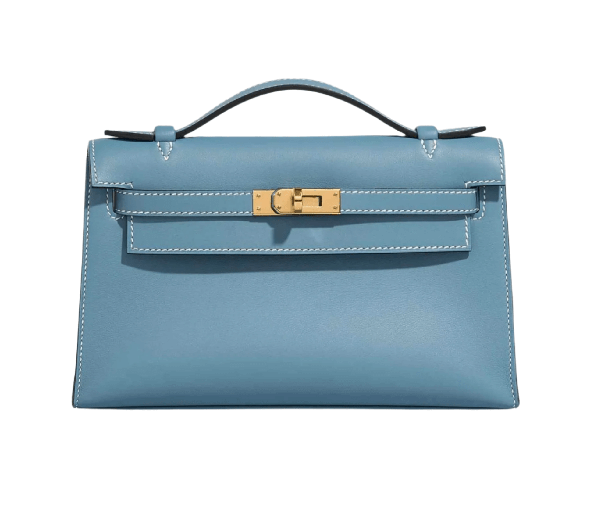 Hermès Kelly Pochette in Bleu Jeans Swift leather with gold hardware, featuring top handle and signature Kelly turn-lock closure
