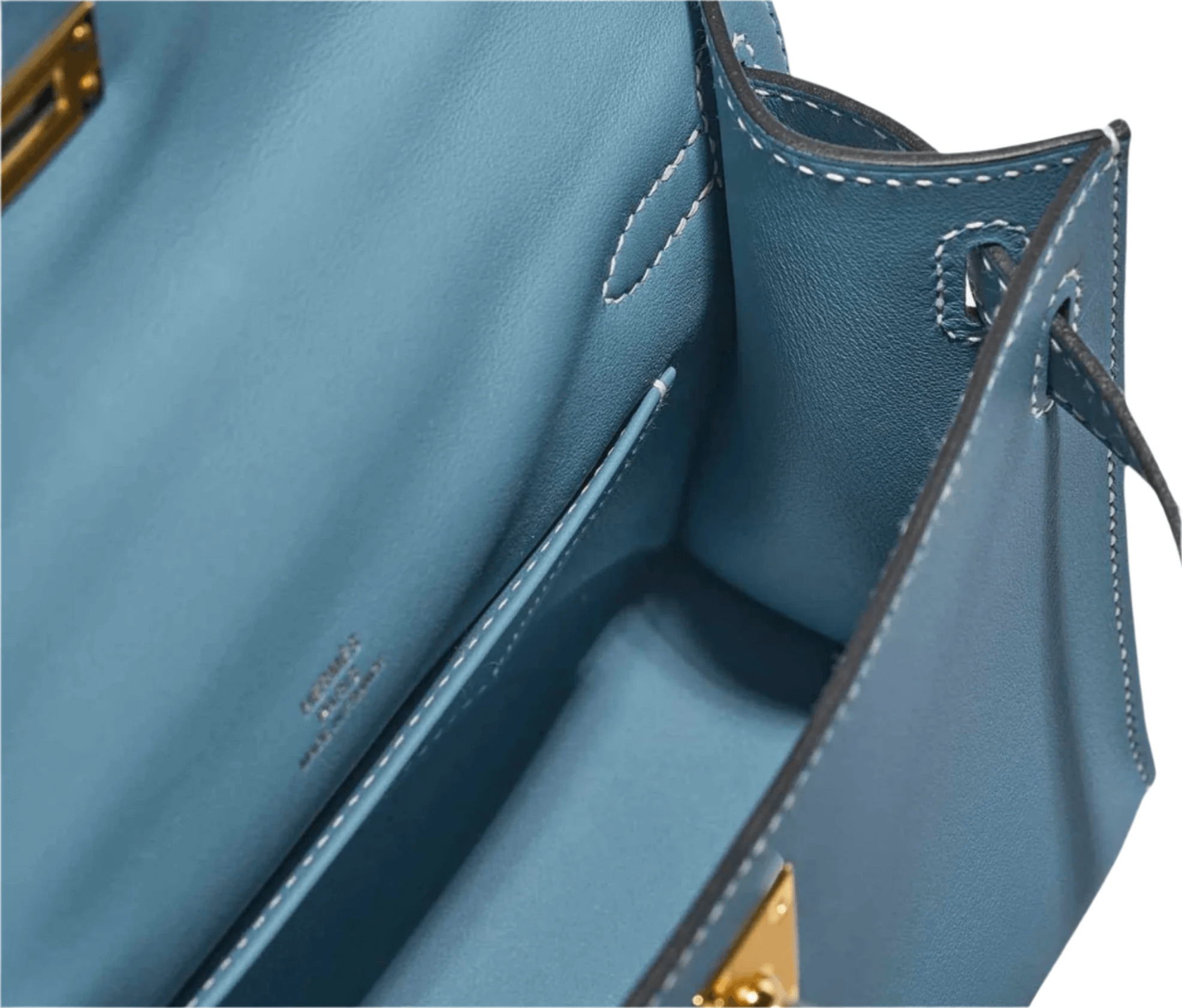 Hermès Kelly Pochette in Bleu Jeans Swift leather with gold hardware, featuring top handle and signature Kelly turn-lock closure