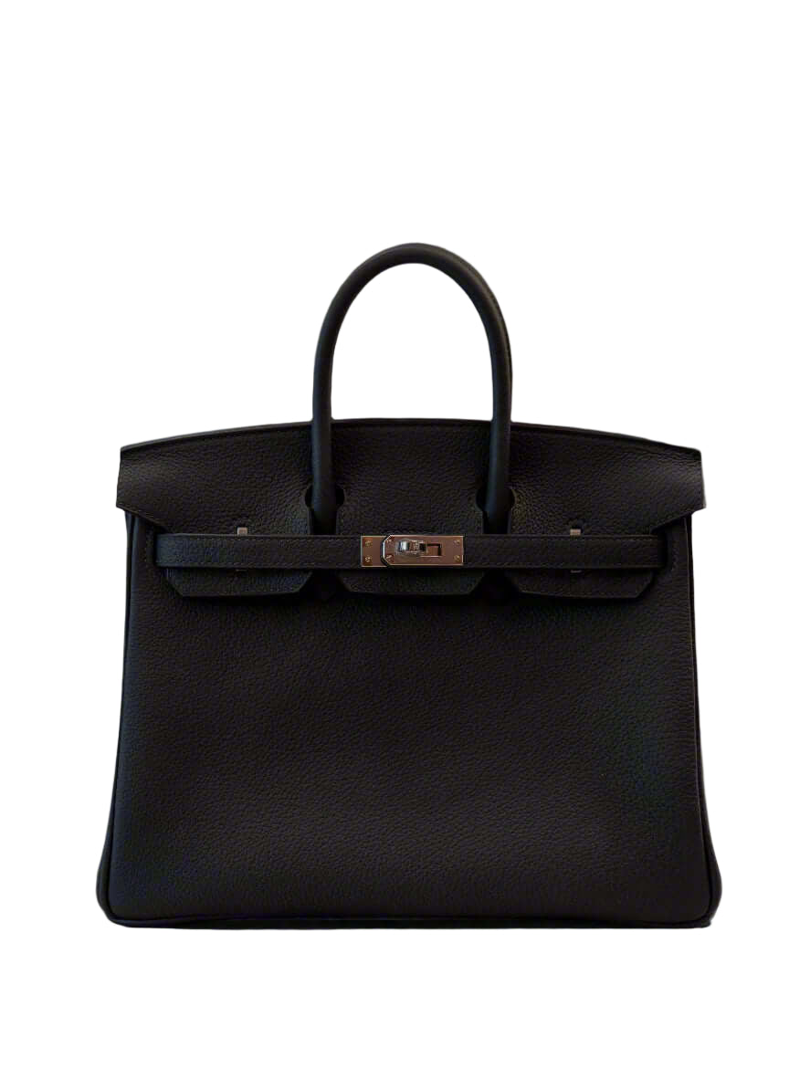 Front view of an Hermes Birkin 25 bag in vert fonce togo leather with paladium hardware