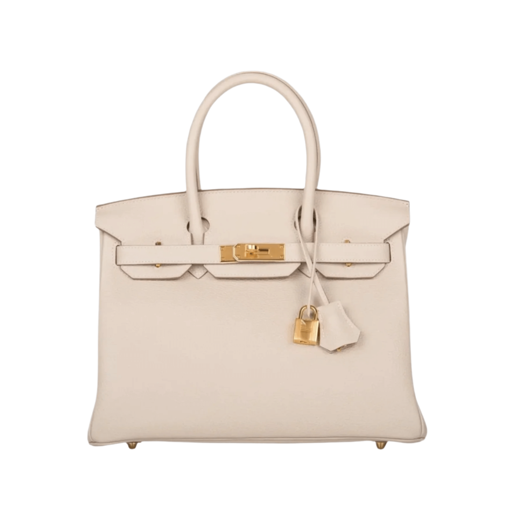 Hermès Birkin 30 in Craie Togo leather with gold hardware, featuring soft grained texture, double rolled handles, and classic flap closure with clochette and lock