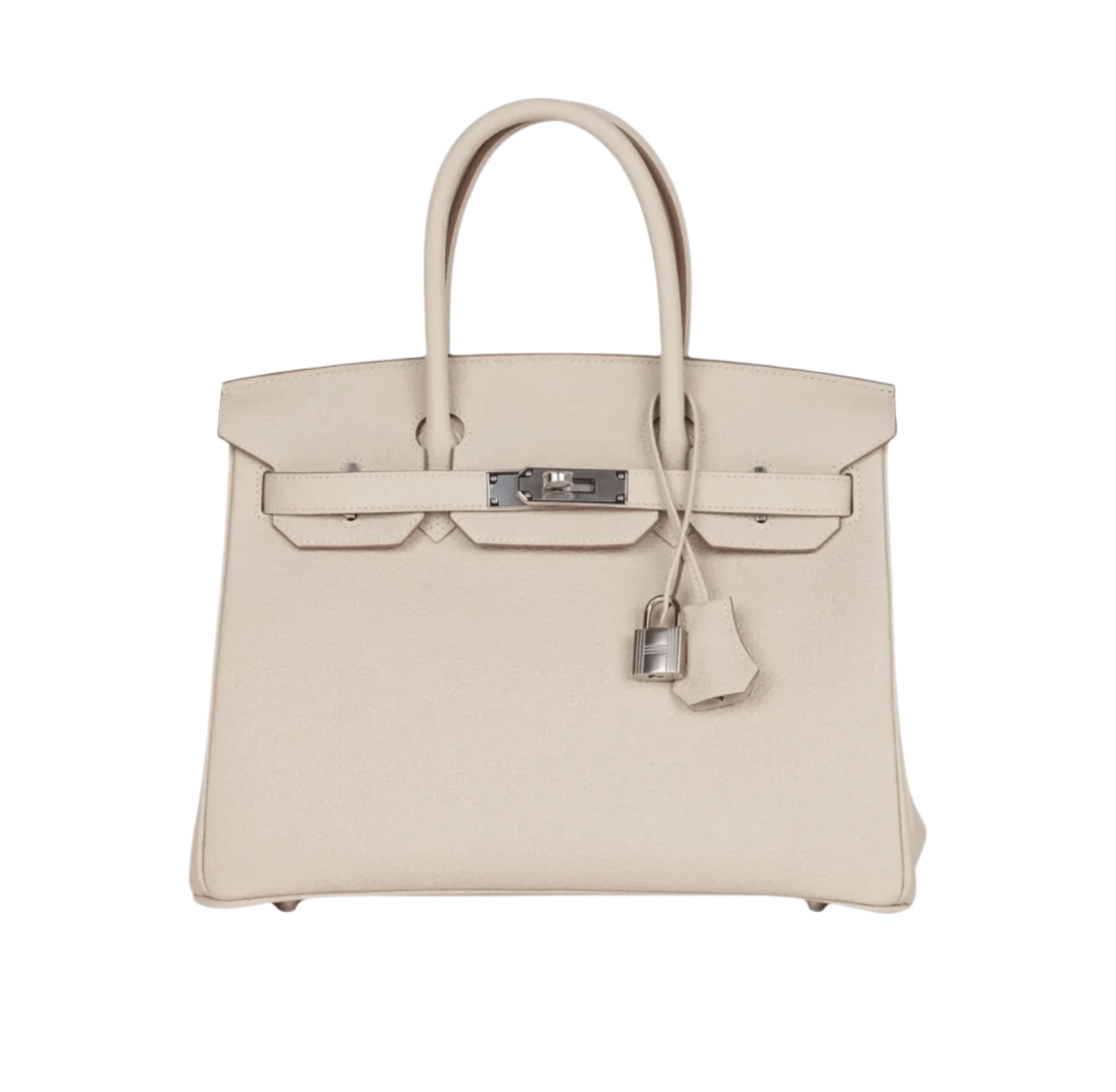 Hermès Birkin 30 in Craie Togo leather with palladium hardware, featuring soft grained texture, double rolled handles, and signature flap closure