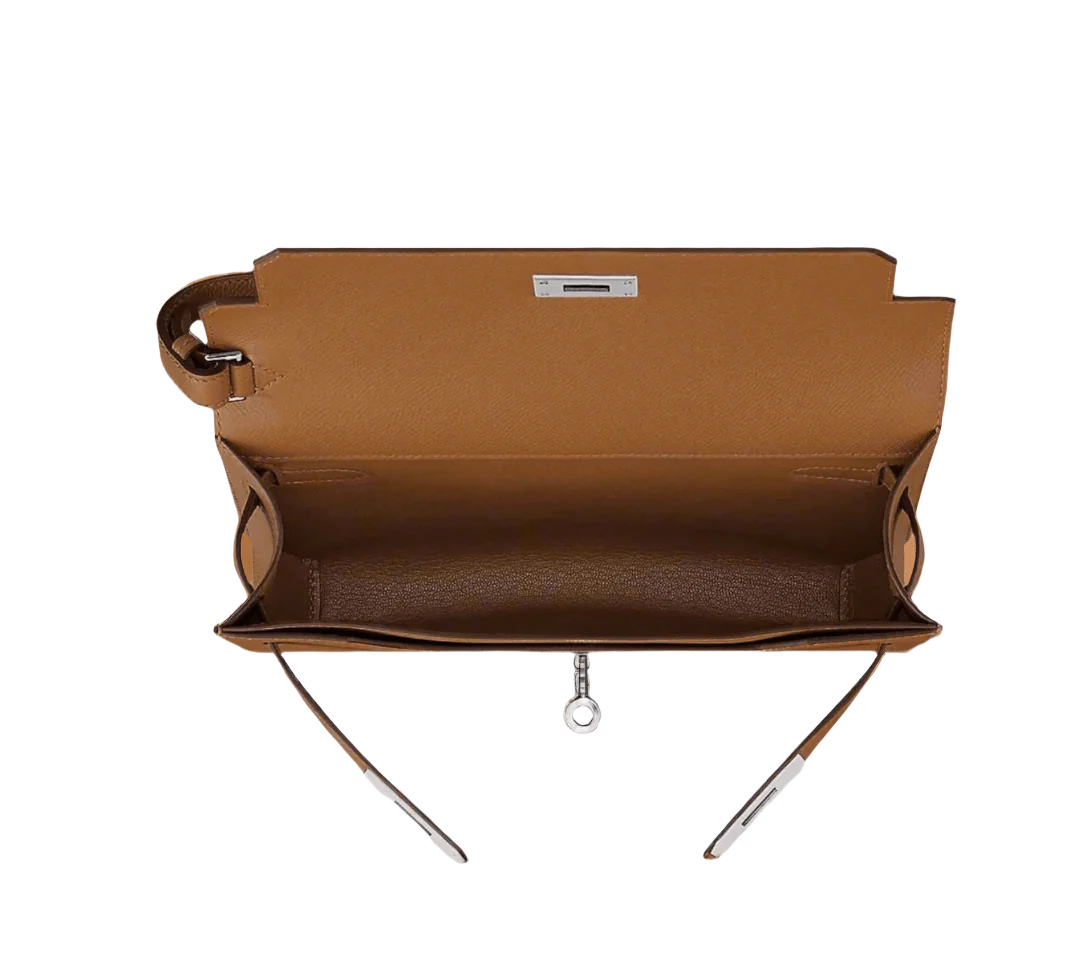 Interior view of an Hermes depeches in epsom gold leather with palladium hardware