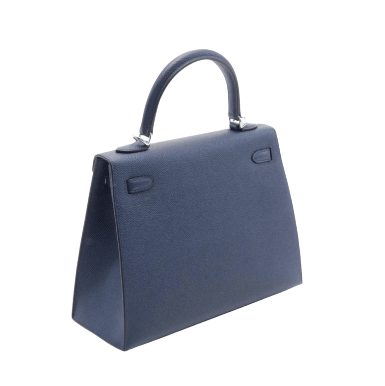 Hermès Kelly 25 handbag in navy blue leather with palladium hardware and top handle design