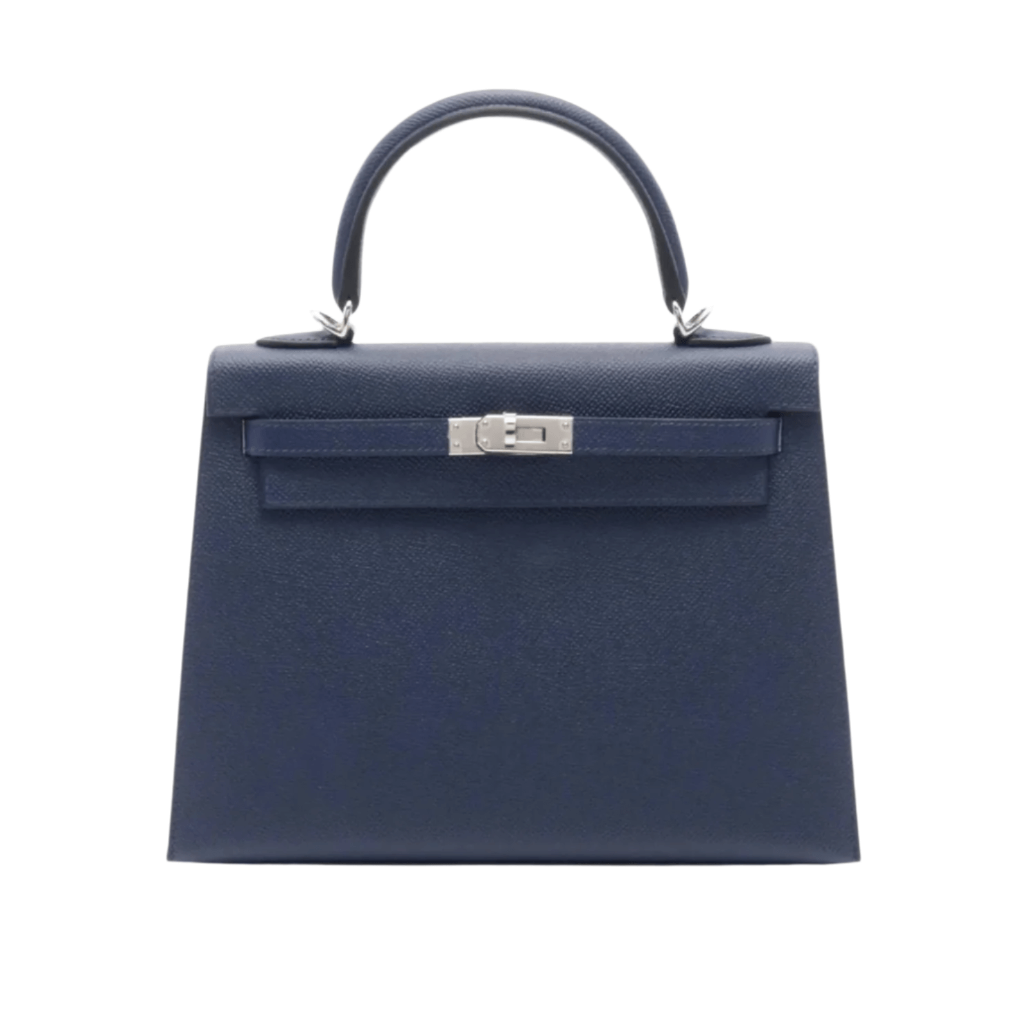 Hermès Kelly 25 handbag in navy blue leather with palladium hardware and top handle design