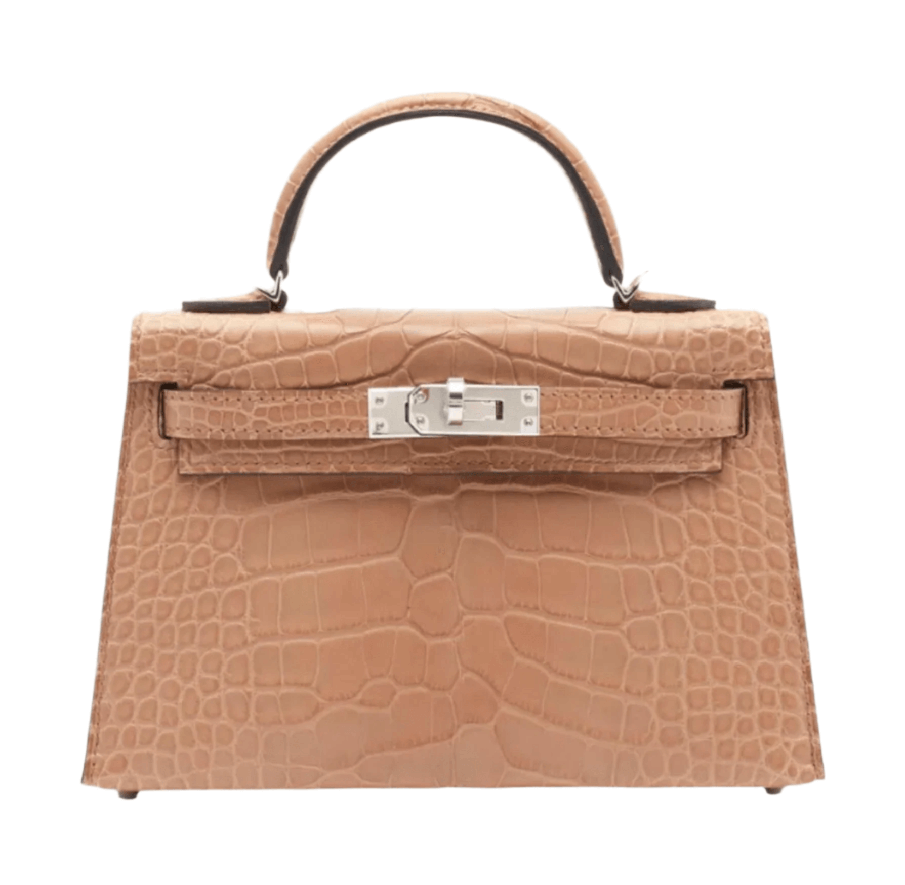 Hermès Mini Kelly II in matte alligator Chai with palladium hardware, featuring structured silhouette, top handle, and signature Kelly turn-lock closure