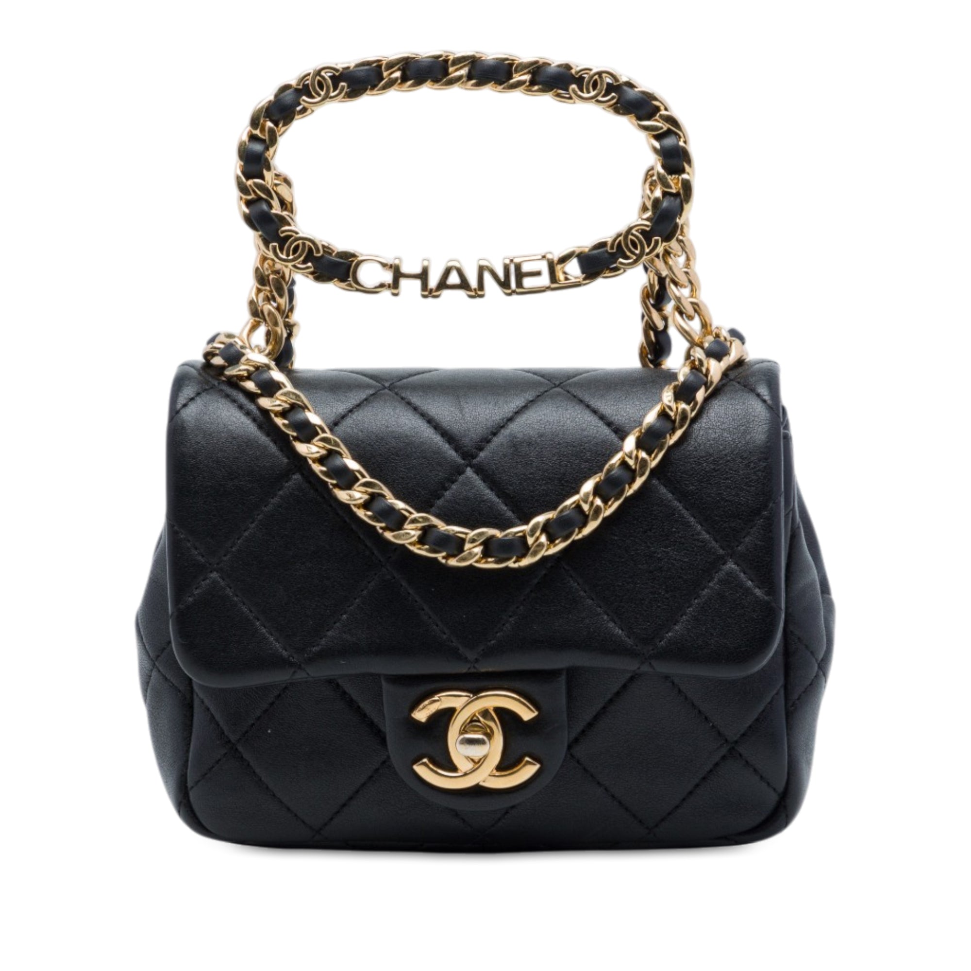 Chanel Mini Quilted Lambskin Oval Logo Chain Top Handle Flap - image 1