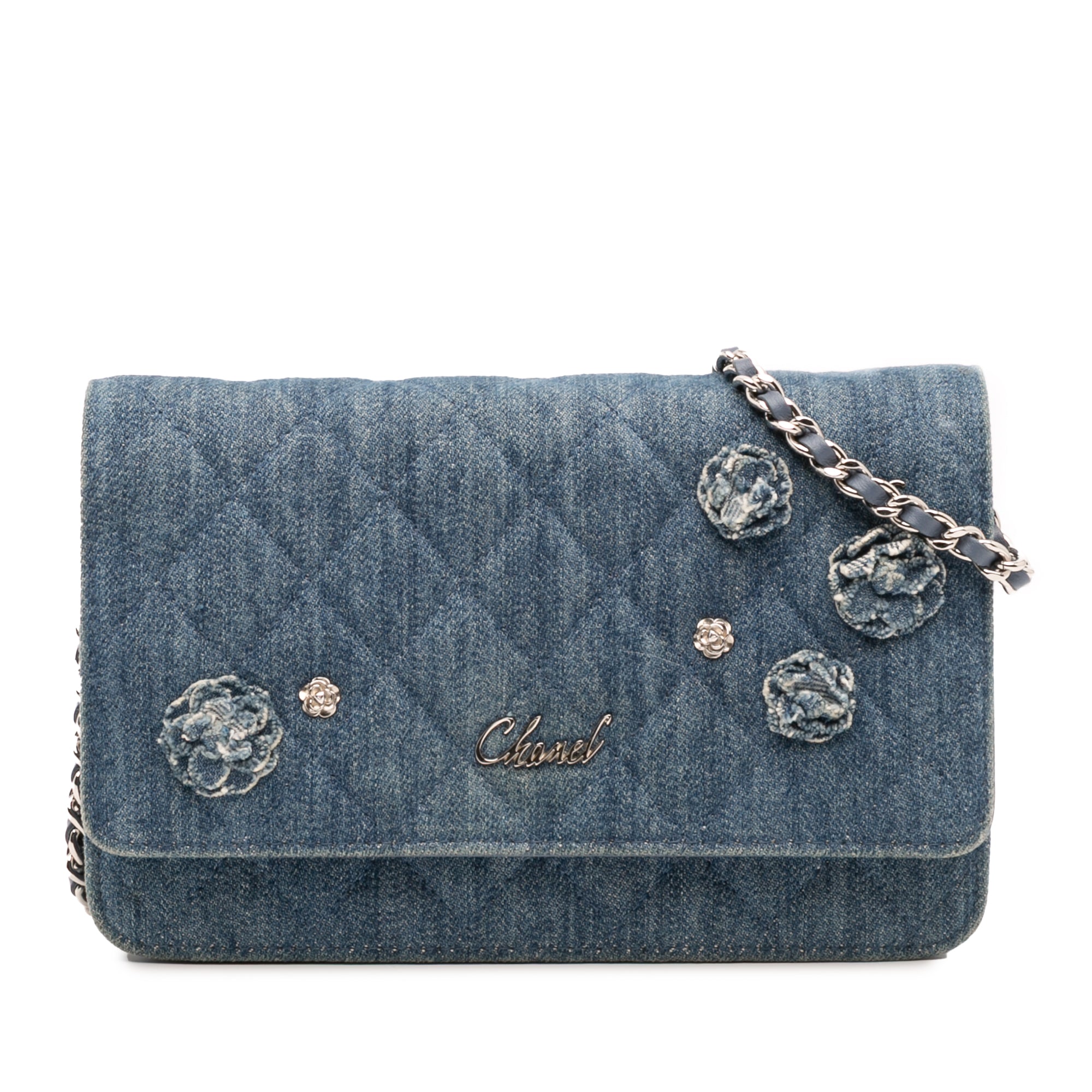 Chanel Quilted Denim Camellia Charms Wallet On Chain - image 1