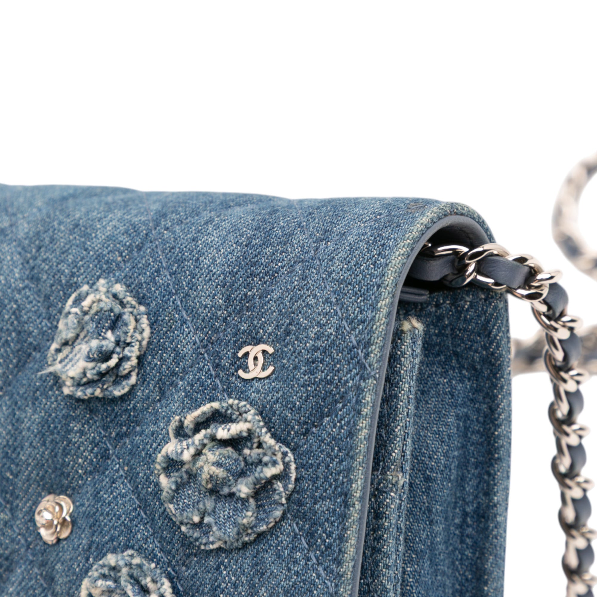 Chanel Quilted Denim Camellia Charms Wallet On Chain - image 12