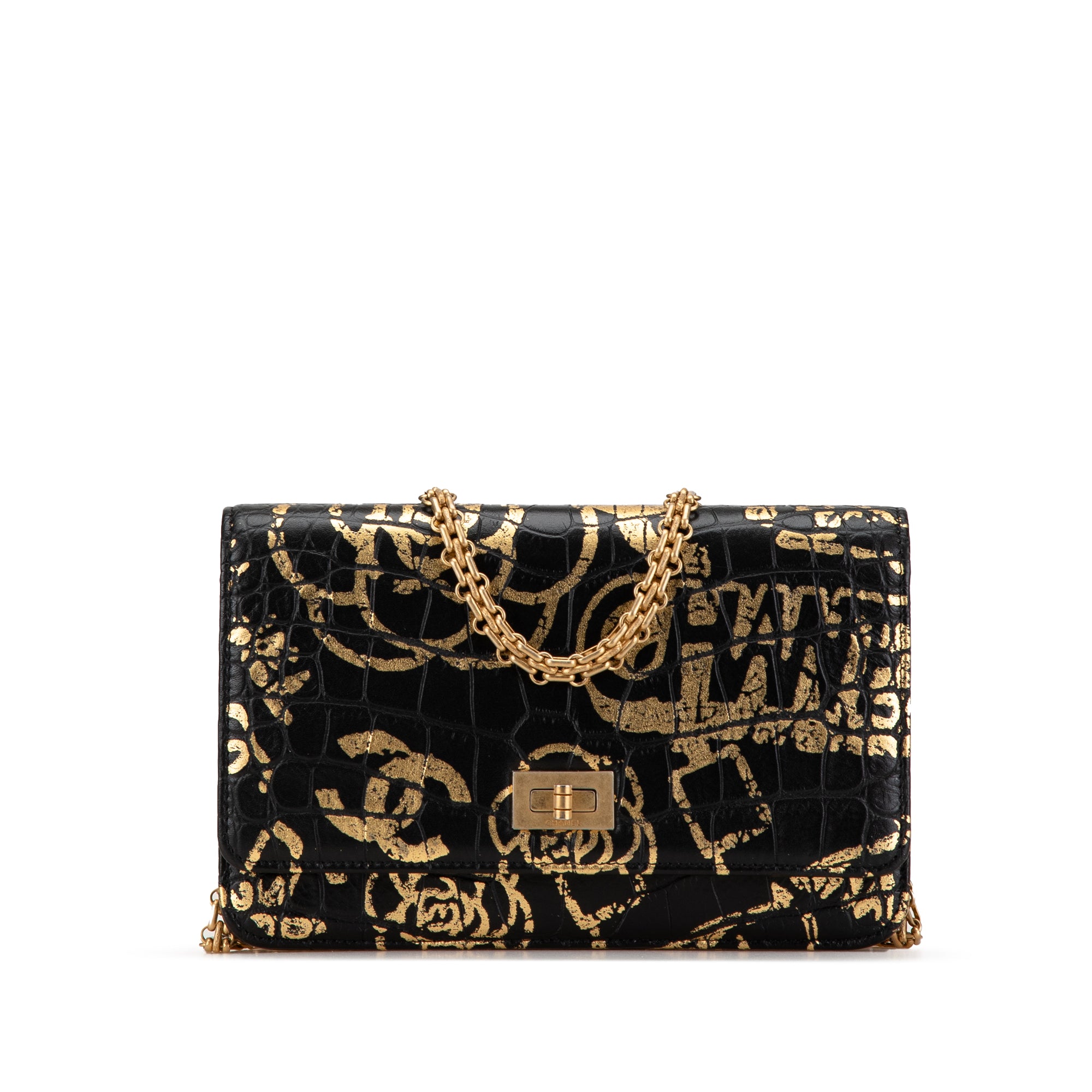 Chanel Calfskin Crocodile Embossed Graffiti 2.55 Cocodile Reissue Wallet On Chain - image 1