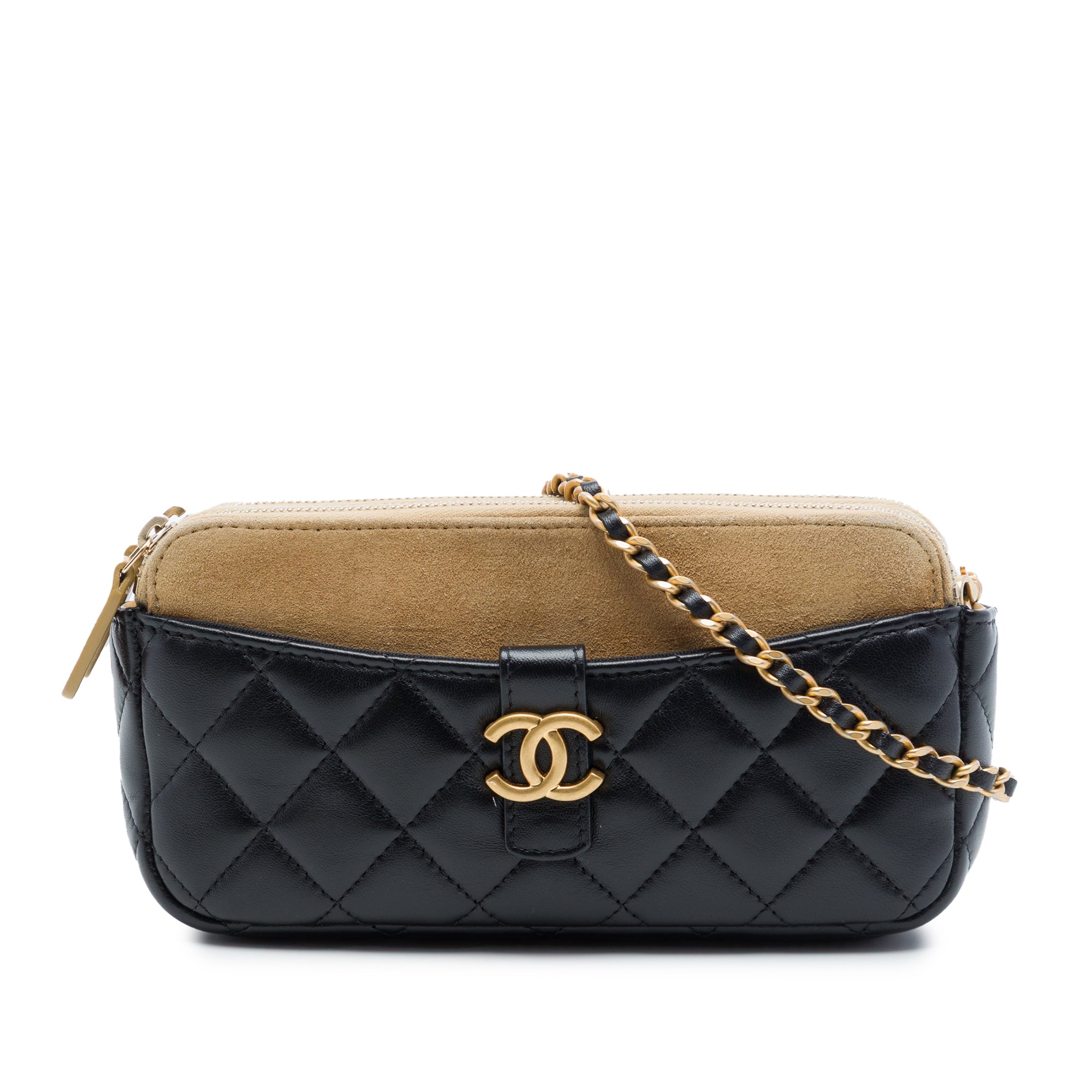 Chanel CC Quilted Lambskin and Suede Double Zip Phone Holder With Chain - image 1
