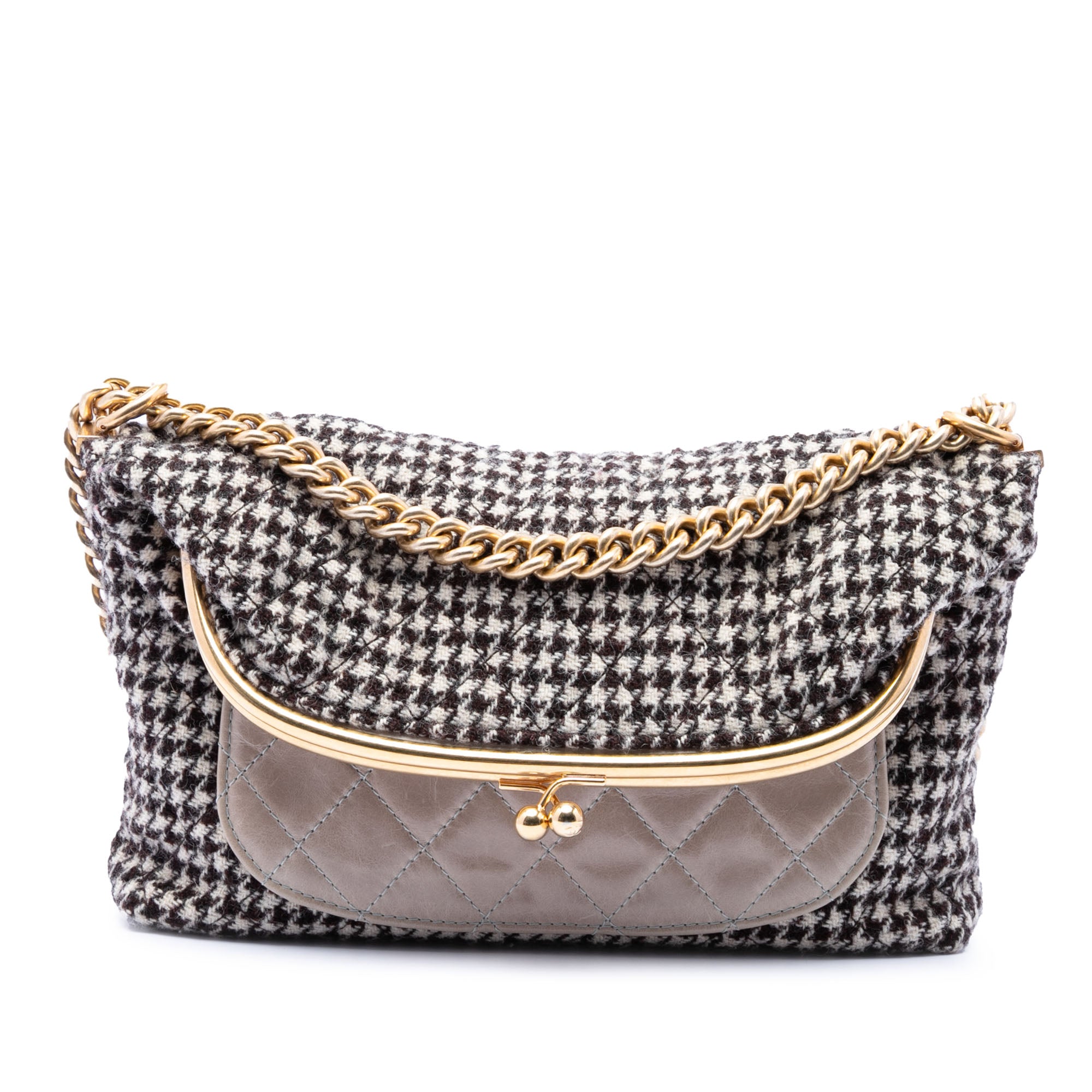 Chanel Medium Quilted Houndstooth Tweed and Calfskin Tabatiere Kisslock Fold Over Crossbody - image 1