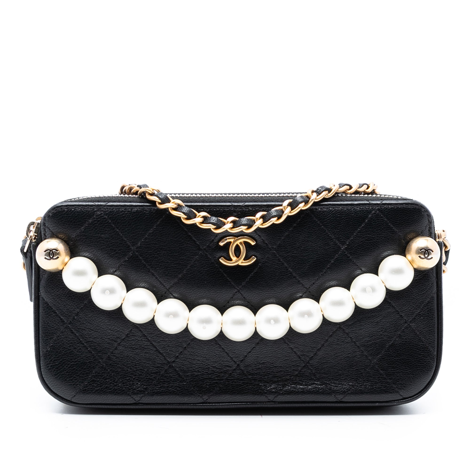 Chanel CC Quilted Goatskin Chic Pearls Double Zip Clutch With Chain - image 1