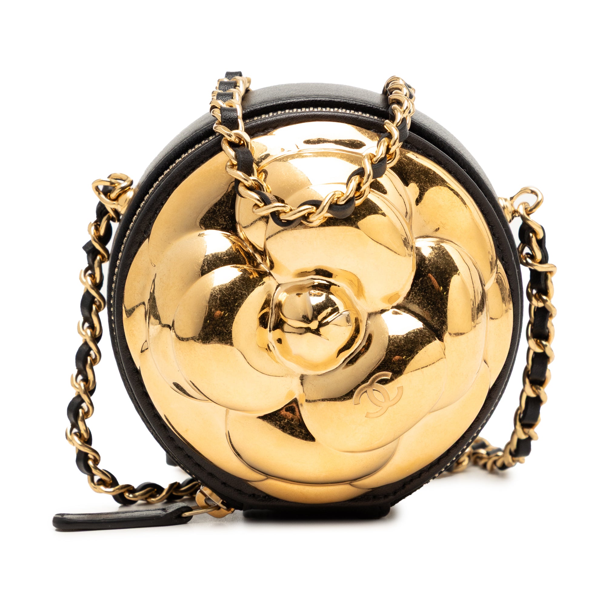 Chanel CC Lambskin and Metal Camellia Round Clutch with Chain - image 1