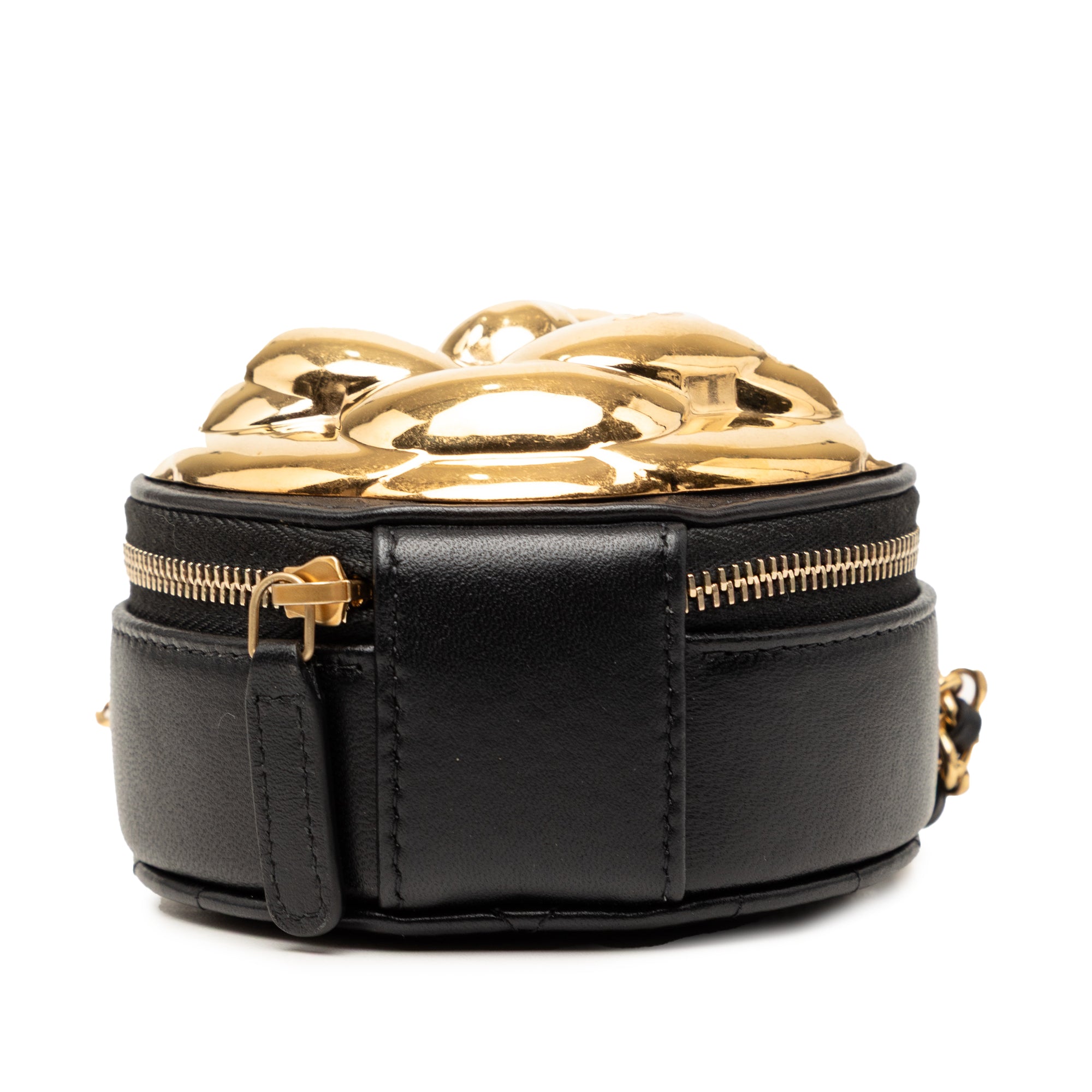 Chanel CC Lambskin and Metal Camellia Round Clutch with Chain - image 3