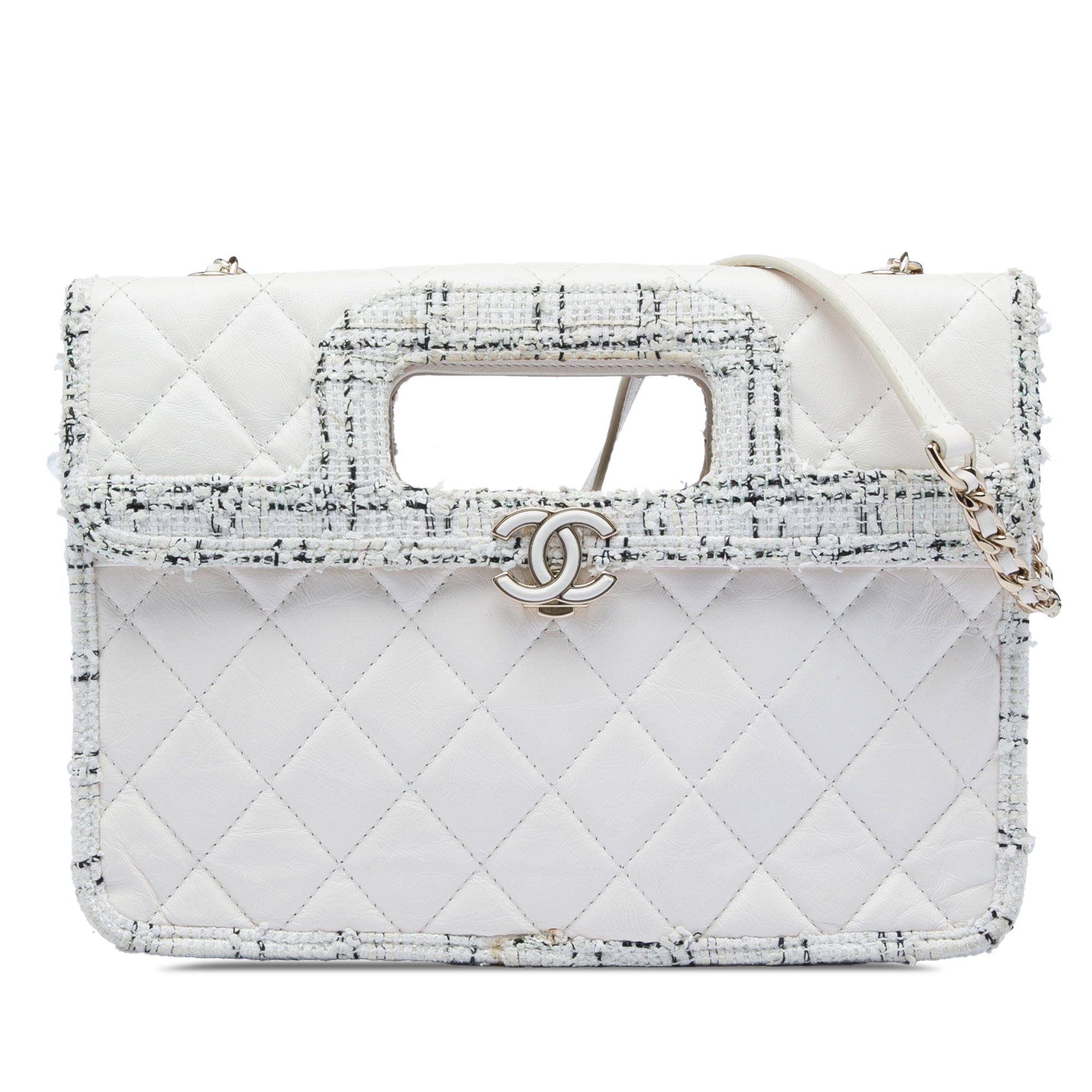 Chanel CC Tweed Trimmed Quilted Aged Calfskin Cutout Handle Bag - image 1