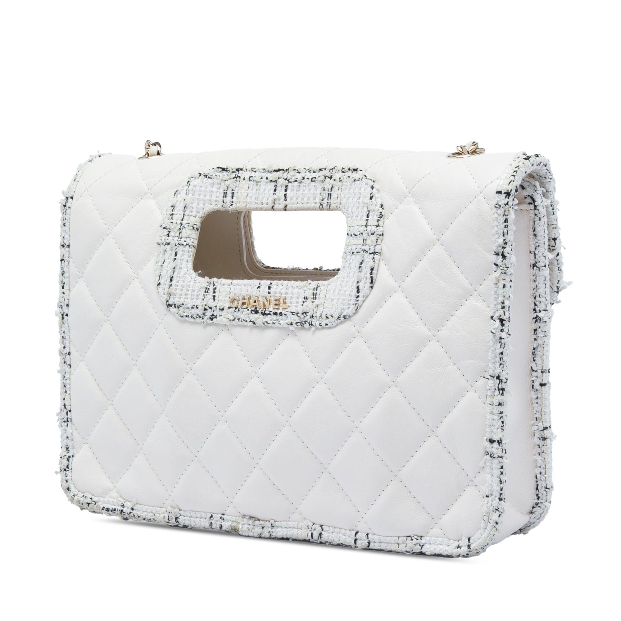 Chanel CC Tweed Trimmed Quilted Aged Calfskin Cutout Handle Bag - image 2